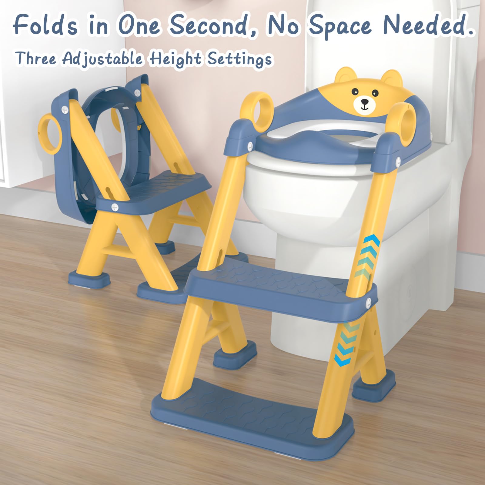 Riduttore WC Bambini, Sedile Rialzato per Bambini Maschi e Femmine, Riduttore WC 2 in 1 con Scaletta, Riduttore WC Sedile del Water con Seggiolino per Bambini, Pedana Antiscivolo Anti-Spruzzo, Blu
