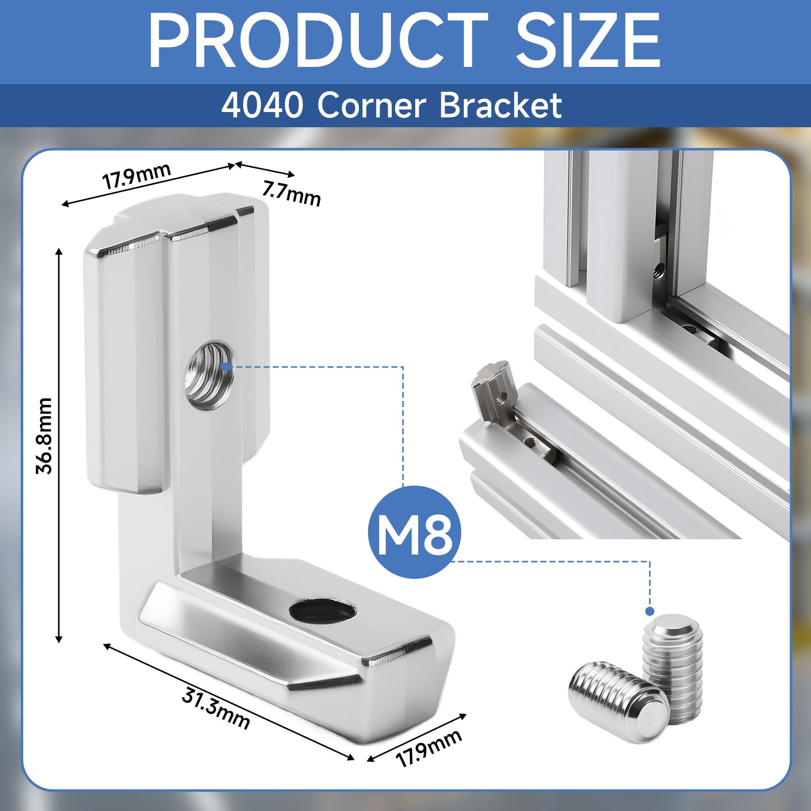 40 sztuk łączników narożnych wewnętrznych, kątownik wewnętrzny T 4040, łącznik kątowy profil aluminiowy, rowek 8 M6 90°, połączenie wewnętrzne ze stopu cynku, zaciski kątowe zewnętrzne
