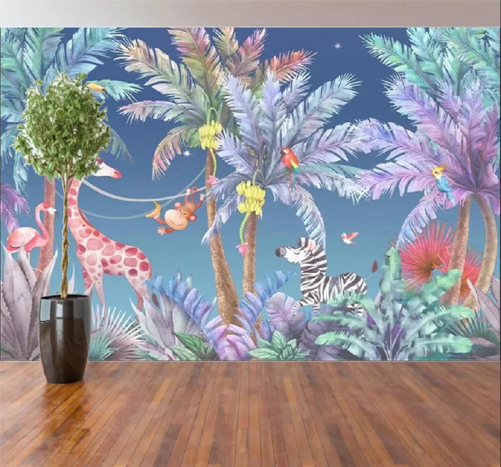 Tzxztt 400Cm×280Cm(B×H) Aesthetic Hand Drawn Watercolour Trees Animals Modern 3D Wallpaper Premium Textured Silk Neutral Tones Material Ideal For Living Room Bedroom-400Cm×280Cm