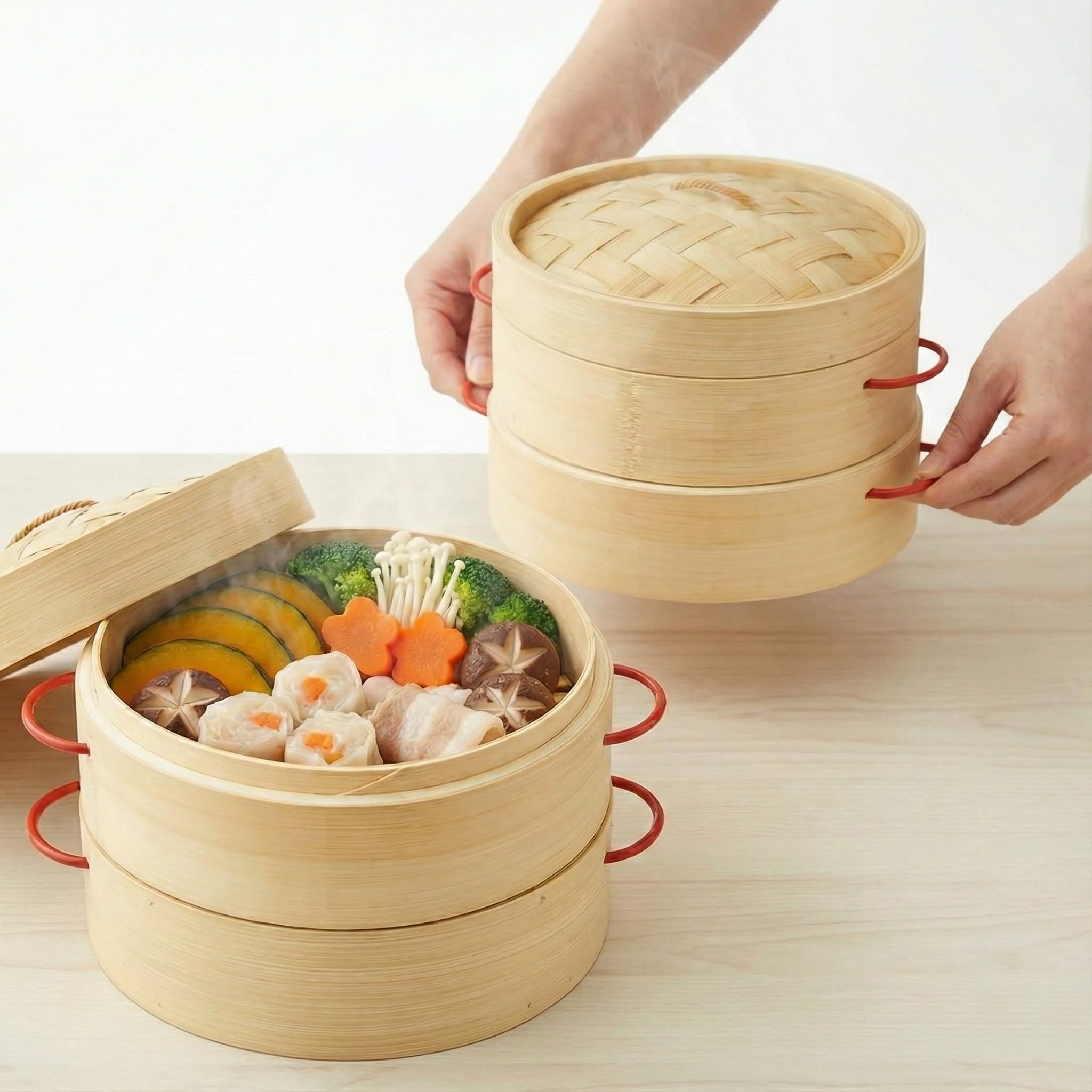 Kurasage Bamboo Steamer 8.3in 2 Tier Set with Lid 50 Sheets Heat Resistant