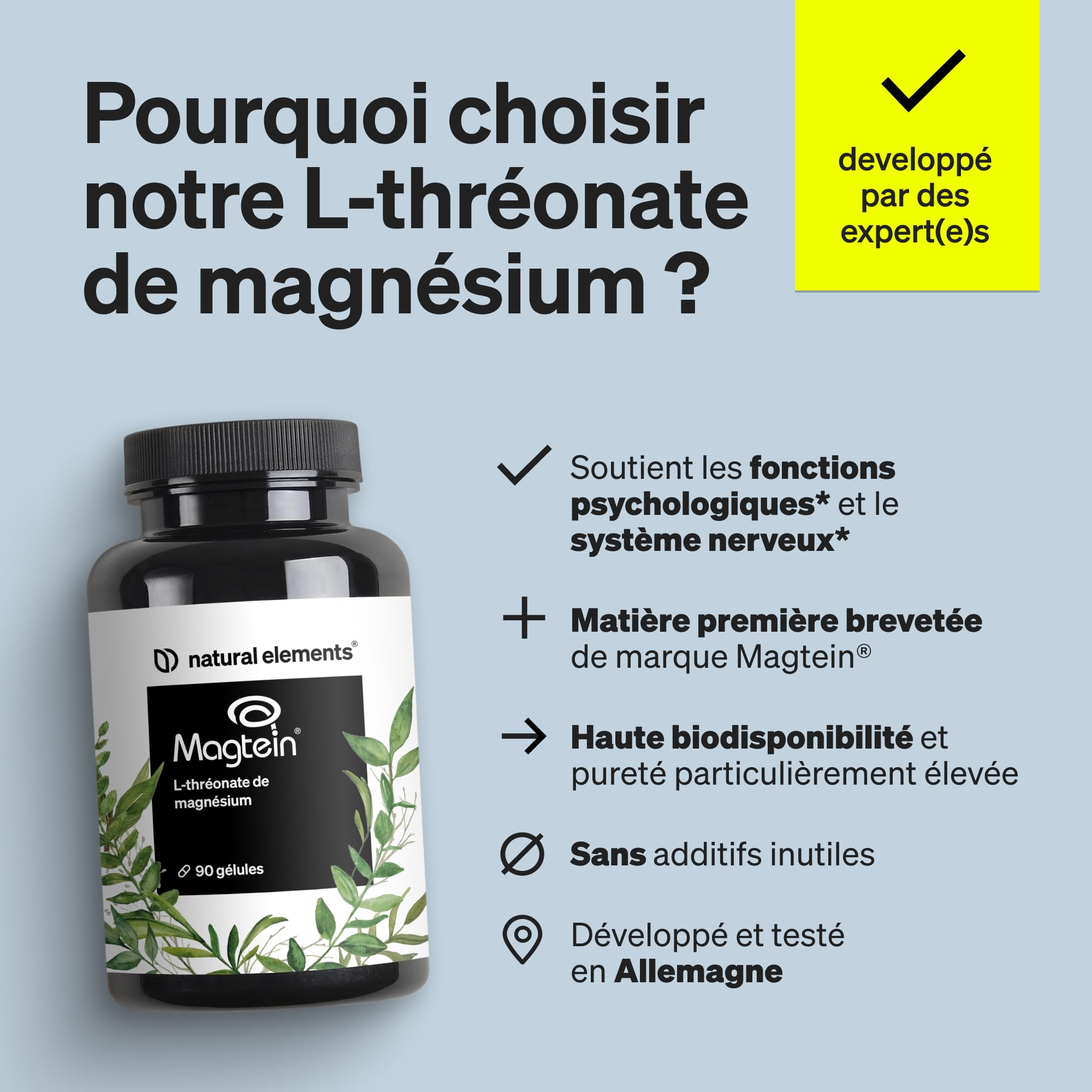Magnesium L-Threonate (Magtein®) – 2000 mg de Magnésium par Dose Quotidienne – 90 Gélules pour 1 Mois – Soutient la Mémoire, Concentration & Sommeil – Hautement Biodisponible – Testé en Laboratoire