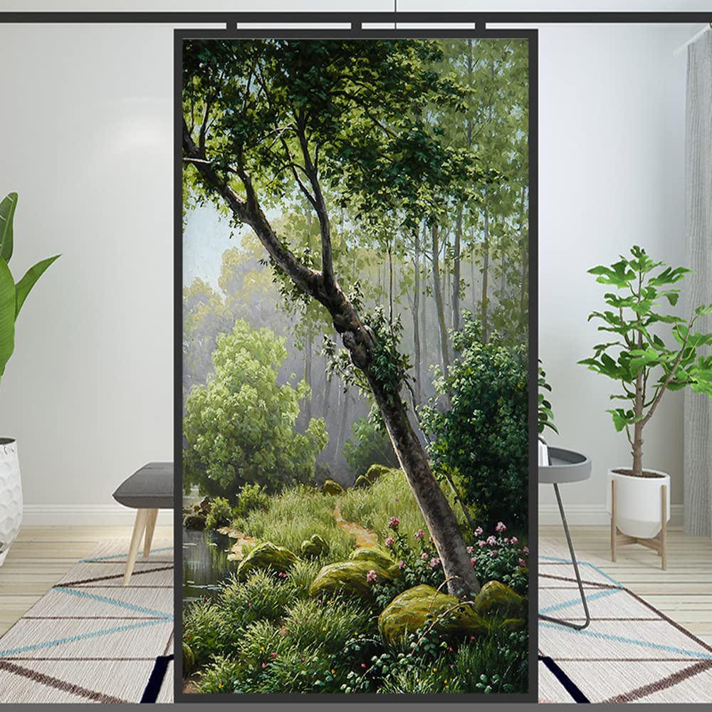 Window Film Privacy Decortive Forest Creek Landscape Oil Painting Static Cling Window Stickers No Glue Window Coverings Window Tint (A,69x160cm(27x63))