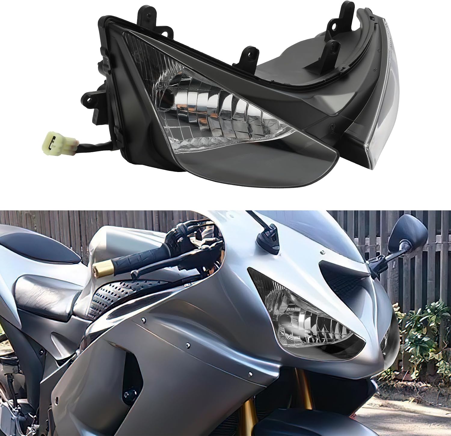 Green-L Front Headlight Headlamp Assembly and Upper Stay Fairing Bracket Fit for Kawasaki Ninja ZX6R 2005-2006 ZX-6R