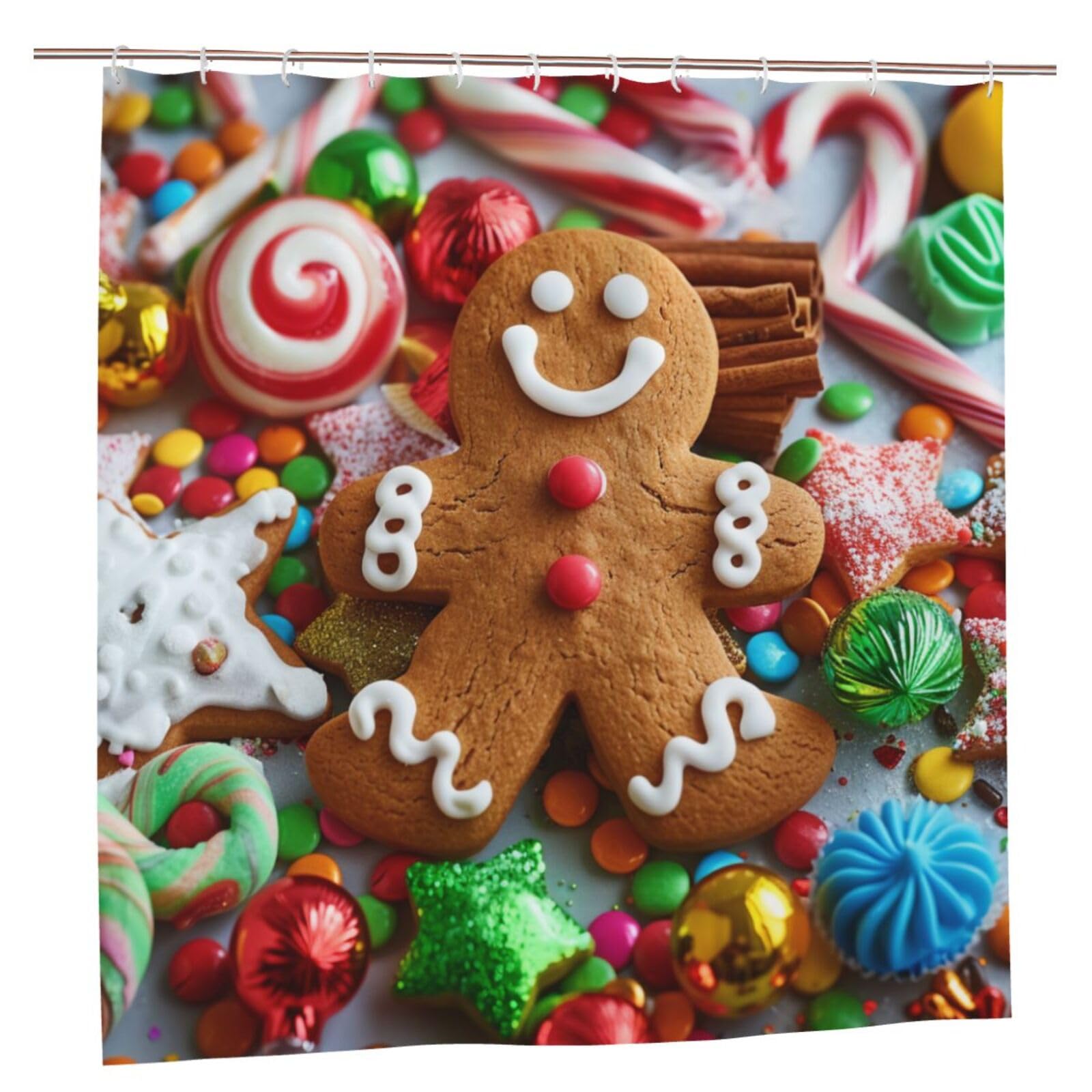 BWWHCCTI Gingerbread Man Candy Printed Shower Curtain With 12 Plastic Hooks Opaque Quick Drying Waterproof Shower Curtains Sets For Bathroom 183x183 CM