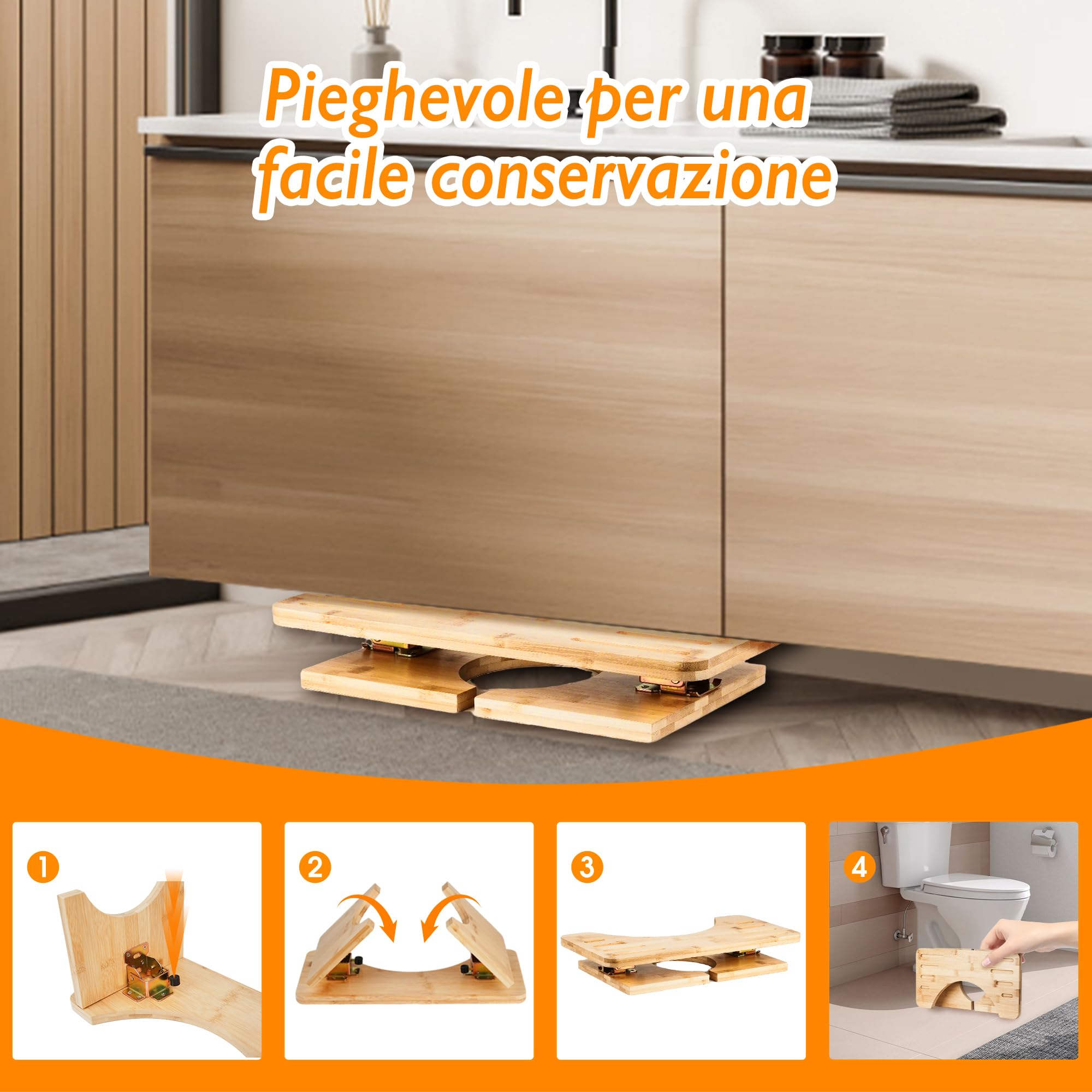 Sgabello da toilette in bambù pieghevole, gradini in legno fisiologico, piedi per WC naturale per salute del colon, costipazione e emorroidi