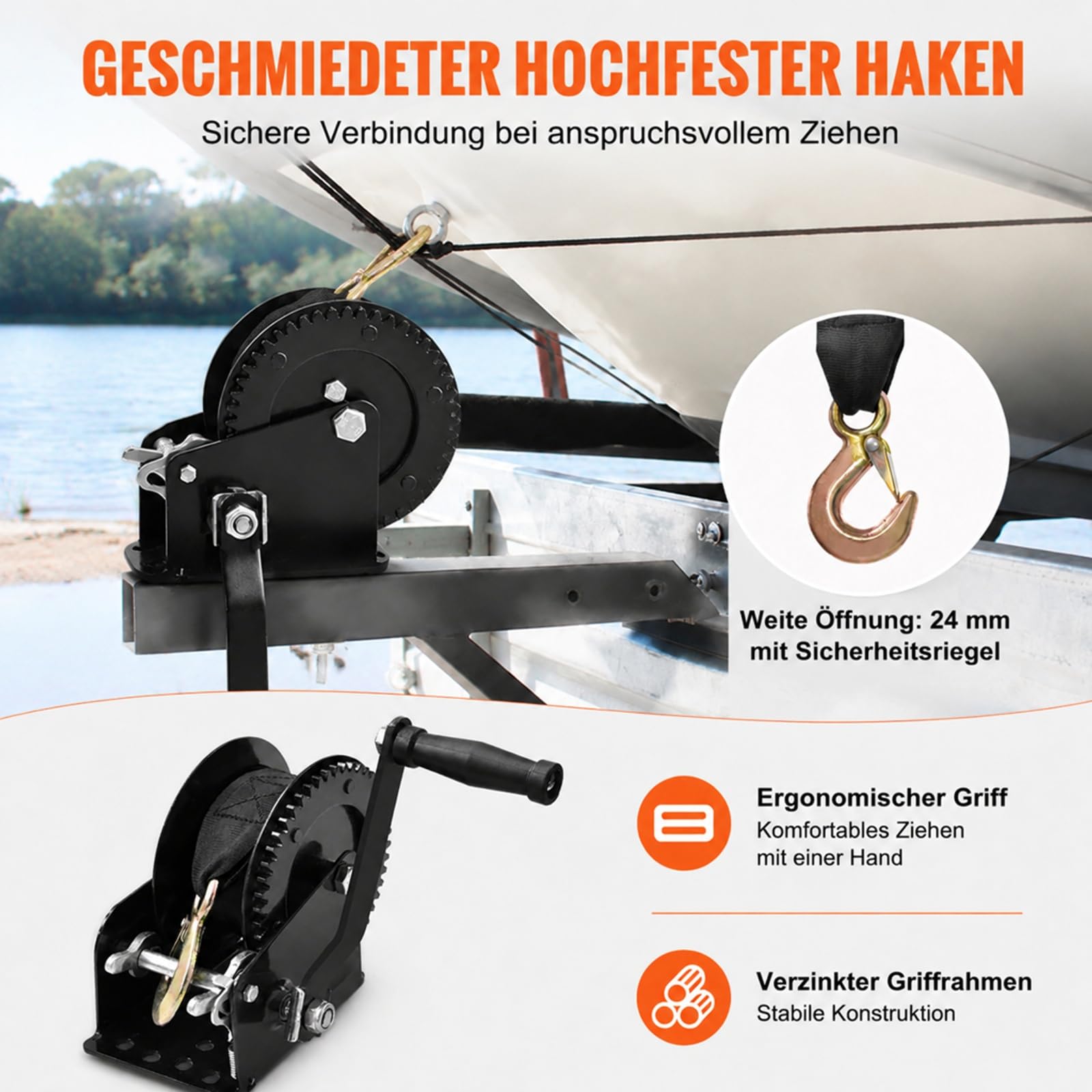 Manuelle Seilwinde 725,7 kg mit Kurbel, Polyesterband und bidirektionaler Ratsche für Fahrzeuge und Boote