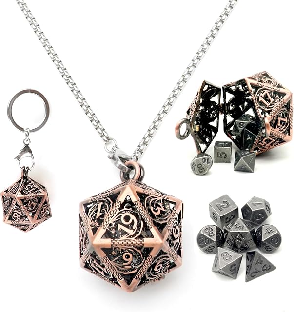Haxtec Mini Metal DND Dice Set With Copper Hollow D20 Necklace Dice Case Antique Tiny Metal Dice Set D&D Keychain Portable 7PCS Dice Set