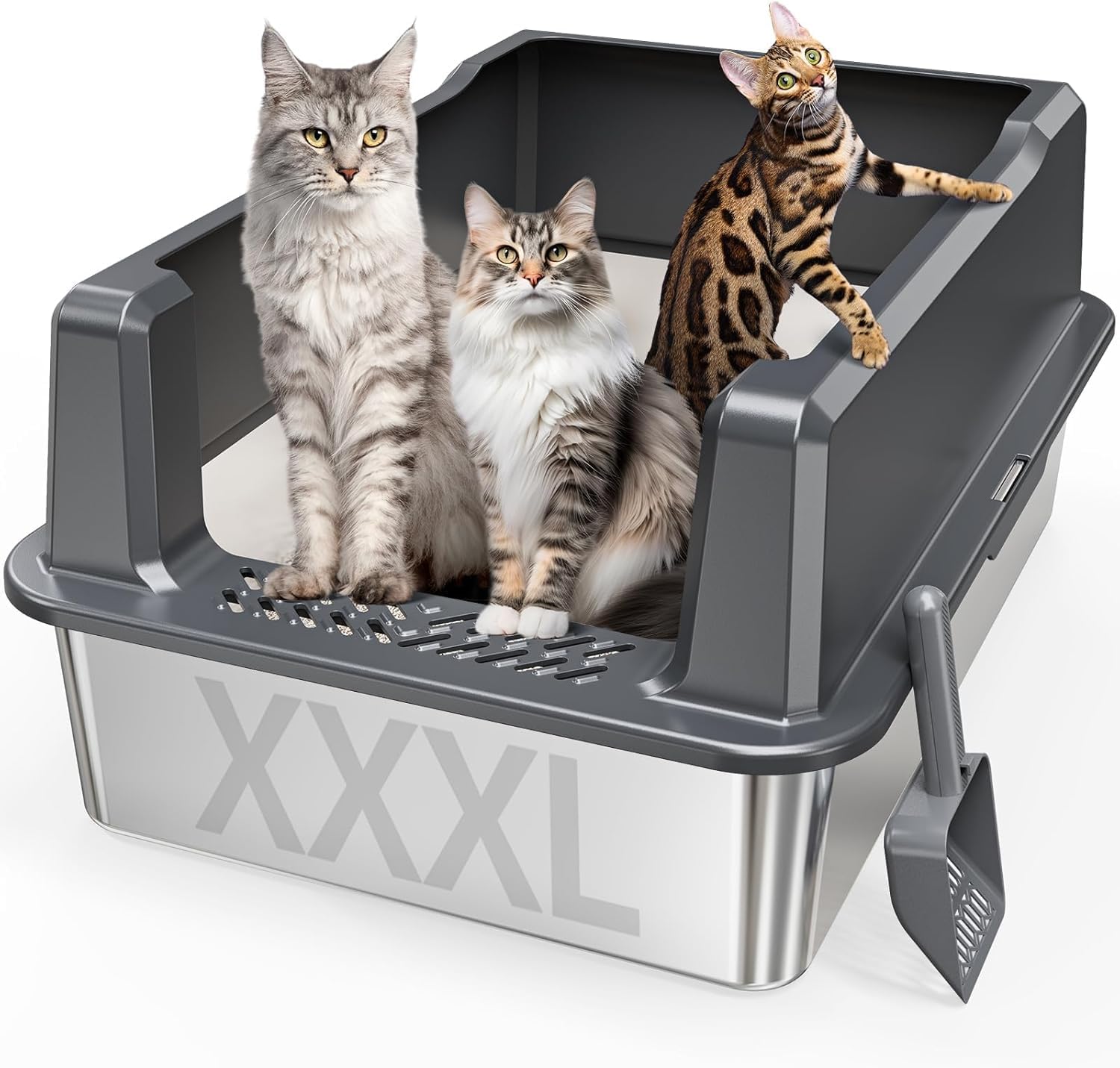Extra Large XXL Stainless Steel Cat Litter Box with Lid, 26\" L x 18\" W x 12\" H Metal Litter Box with Hight Sides for Big Cats & Multiple Cats, Never Absorbs Odors, Anti-Urine Leakage, Easy Cleaning XX-Large Dark Gray (missing scoop)