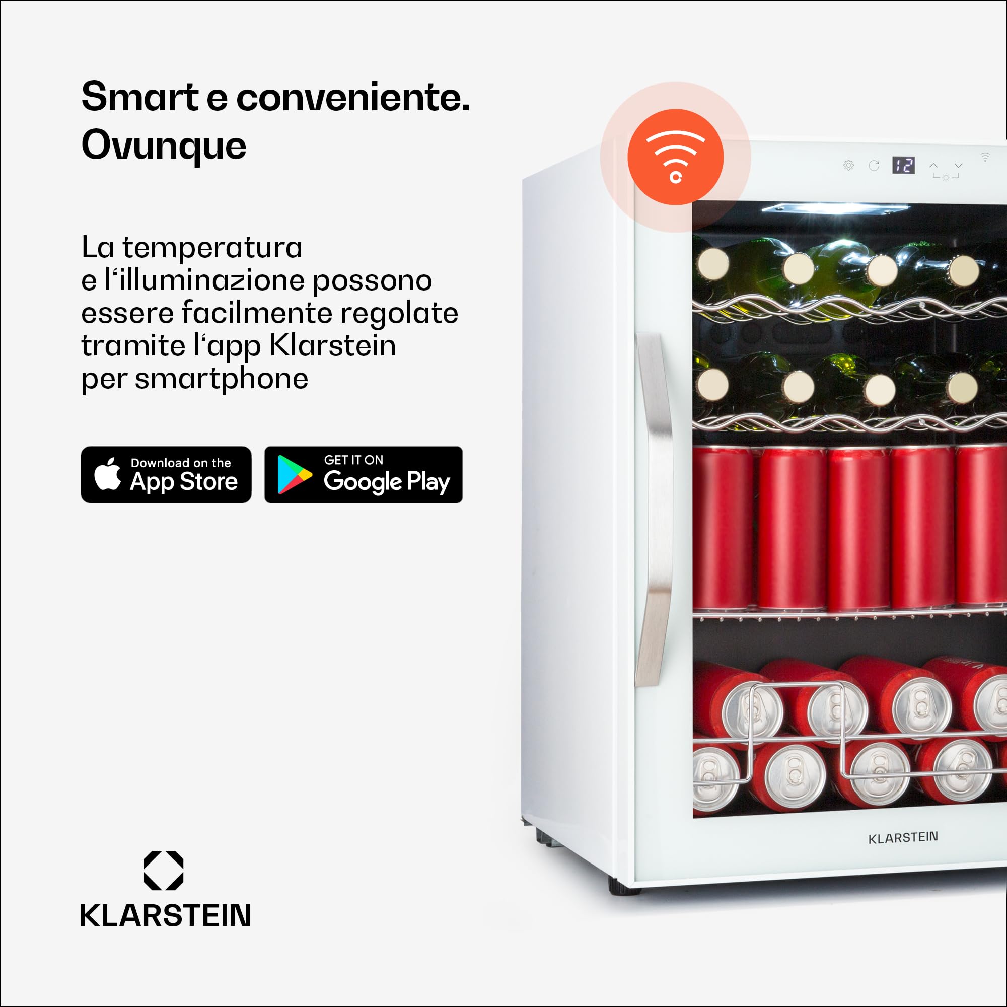 Klarstein Coachella 60 - Frigo per Bibite, 60L, Frigo per Bibite con Vetrina e WiFi, Illuminazione LED in 7 Colori, Sportello in Vetro, Controllo Touch, 3 Ripiani, 3-18°C, Bianco