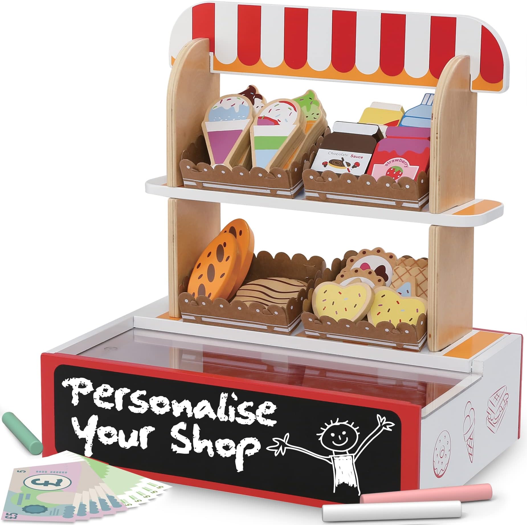 Bee Smart Wooden Play Shop with Play Food includes 28+ Pieces | Childrens Role Play & Imaginary Play Set | Birthday Gifts for Toddlers (New with minor imperfections)