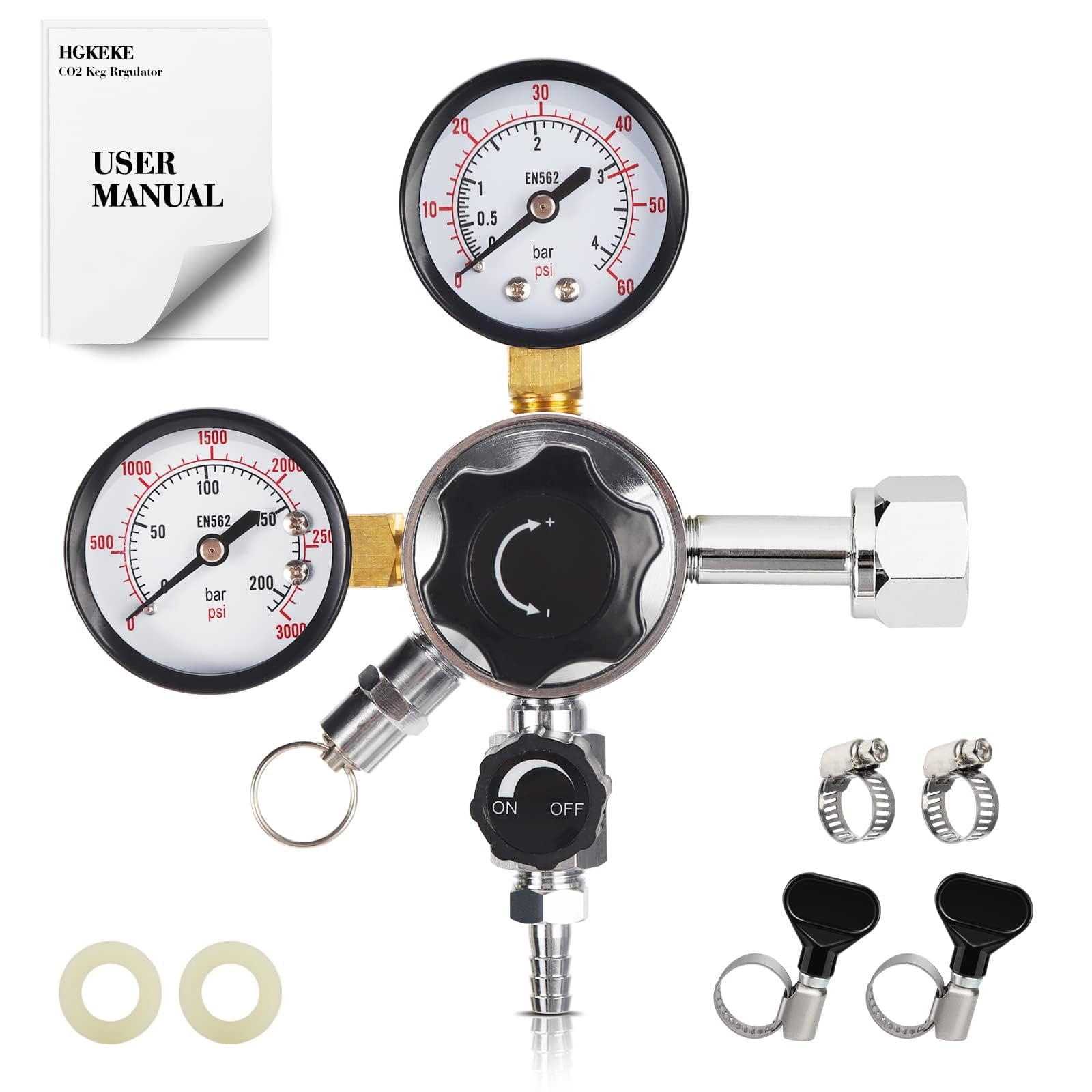 HGKEKE CO2 Keg Regulator Draft Beer CO2 Regulator CGA-320 Regulator Dual Stage CO2 Pressure Regulator 5/16’’ Barb Dual Gauge Dual Knob Quadruple Hose Clamp Kegerator Regulator for CO2 Tank