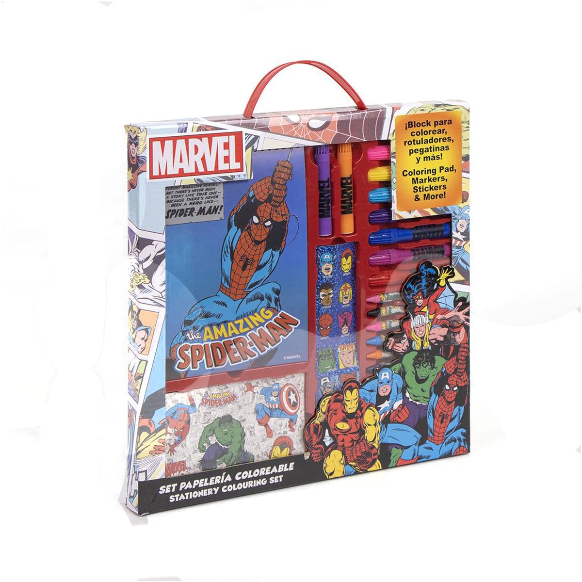 Kp Pharma Multicolour - Marvel Marvel Avengers Colouring & Stationery Set For Kids – Includes Colouring Book, 10 Markers, 12 Wax Crayons, 2 Sticker Sheets, Glitter Stickers & Stamp, Boosts Creativity & Imagination, Best Gift Set