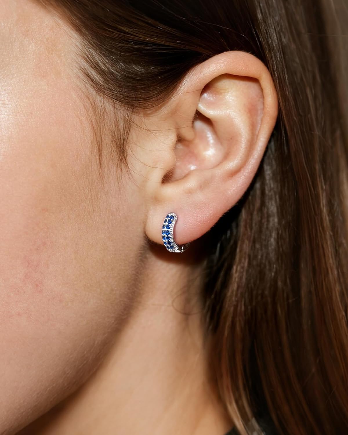 Tiny Blue Sapphire Silver Huggie Earrings for Women, Hypoallergenic Silver Small Blue Cubic Zirconia Hoop Earrings Cuff for Women Jewelry Gifts - Image 3