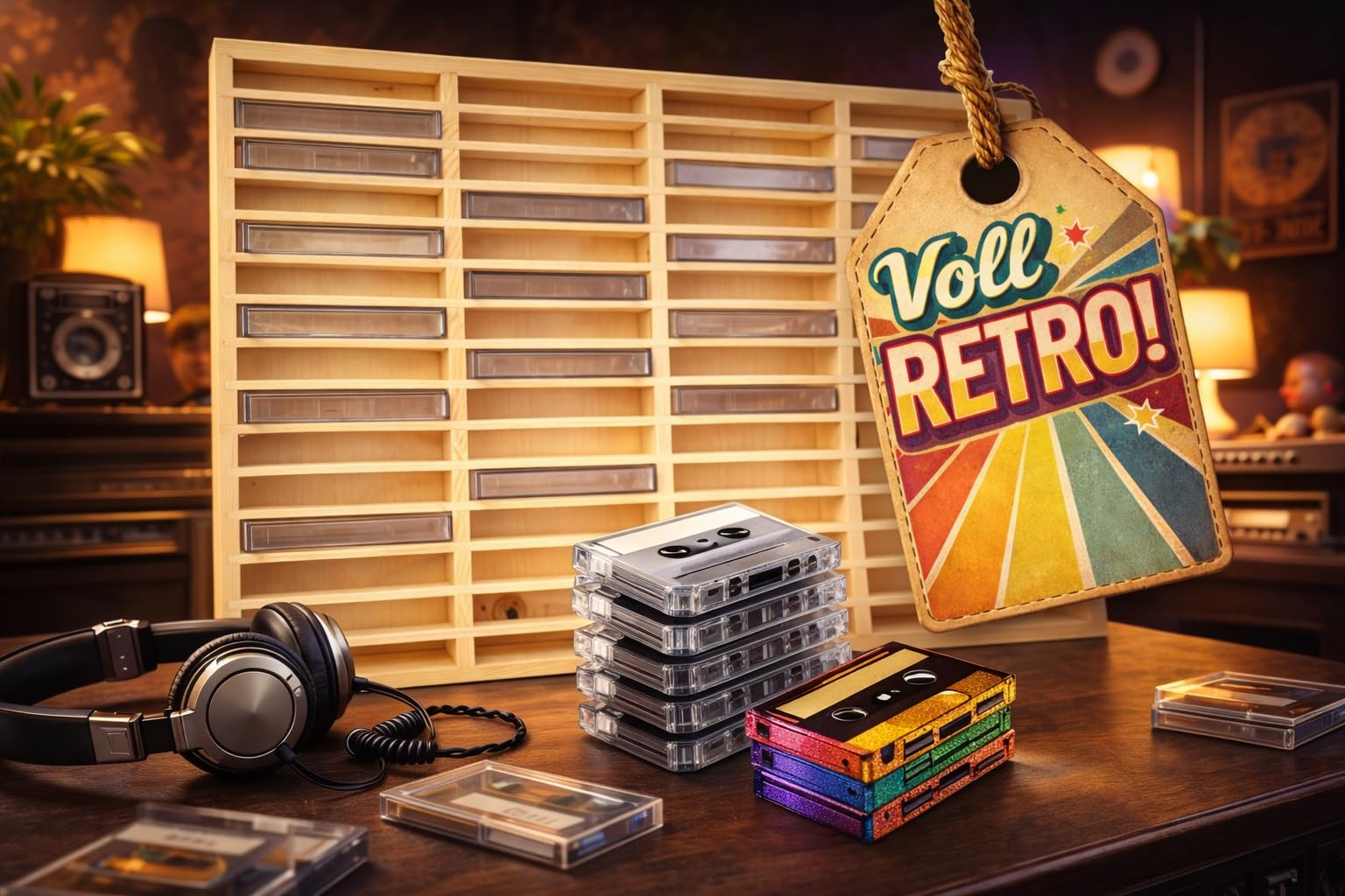 FabaCare MC-Kassetten Regal aus Holz – 60 Fächer, Sammler-Display für Audiokassetten, Musikkassetten-Regal, für Hörspielkassetten, Kassetten-Wandboard aus Naturholz, Farbe: buche