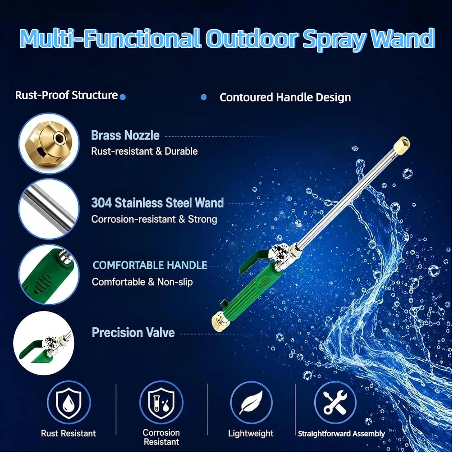 Garden Hose Nozzle, 2‑in‑1 Watering Wand for Car Wash Patio Outdoor Use