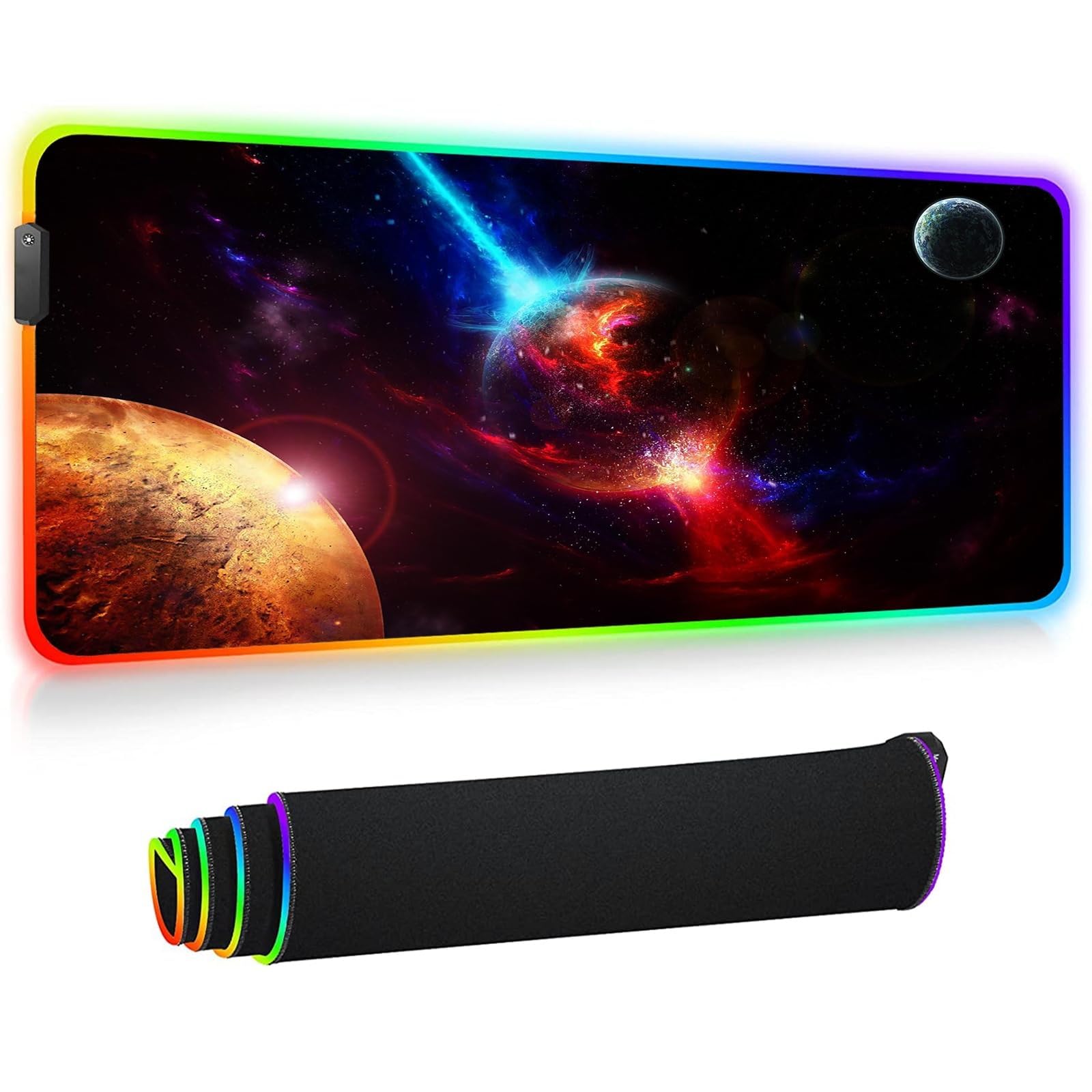 HOLIV RGB Gaming Carpet Table Space Planet Mouse Pad Gamer Computer Desk Mat Rubber Base Gaming Accessories Extended Led Keyboard Pad with Lock Edge