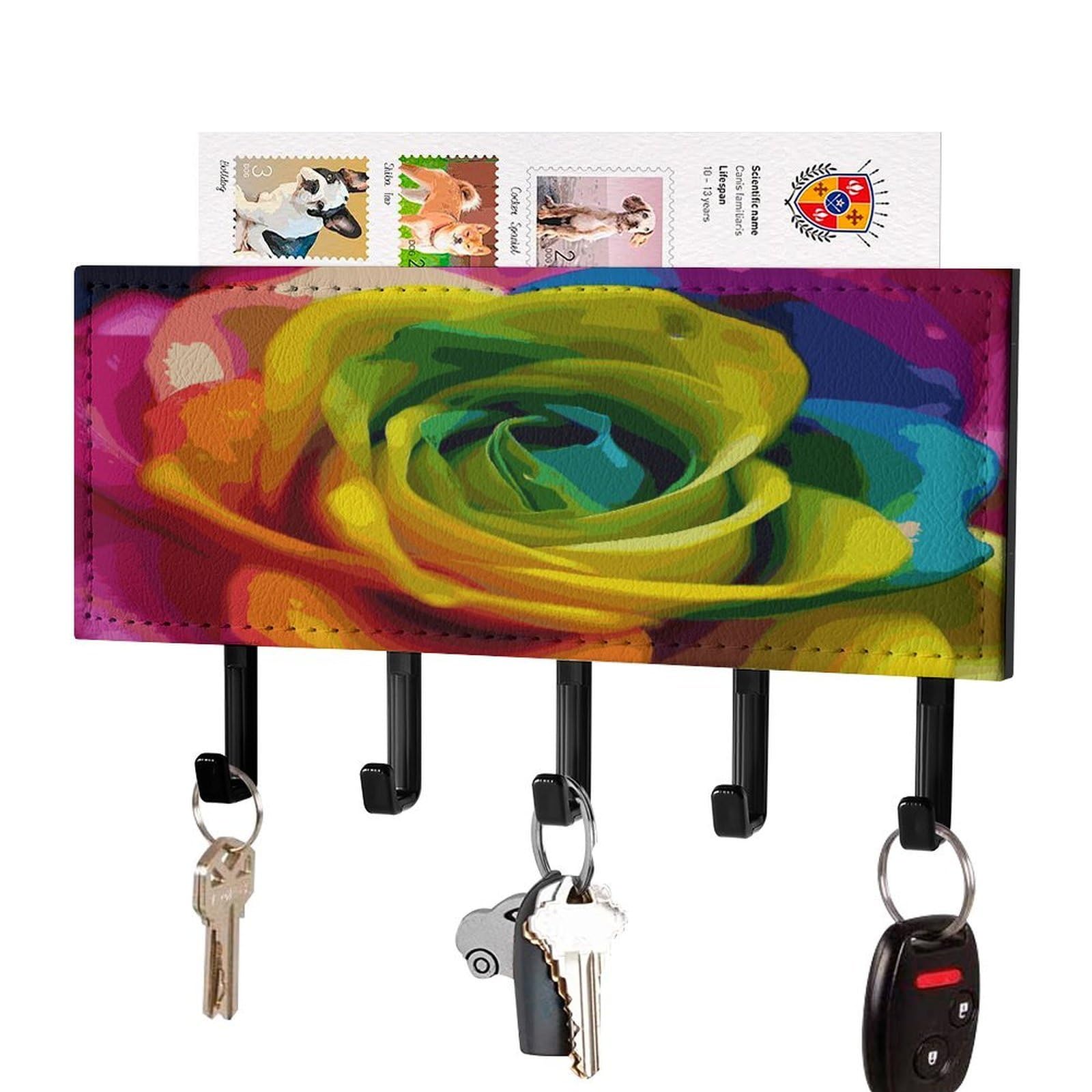 FekiLoot Rainbow Flower Key Holder for Wall Decorative Mail Organizer with 5 Key Hook Self Adhesive Key Rack with Tray Coat Rack Wall Mount Key Hanger Decor for Entryway Door