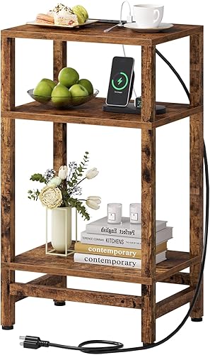 Miniatura 1 de Mesita de noche alta de 3 niveles con estación de carga rápida, mesitas de noche pequeñas para espacios pequeños, mesa auxiliar delgada con puerto