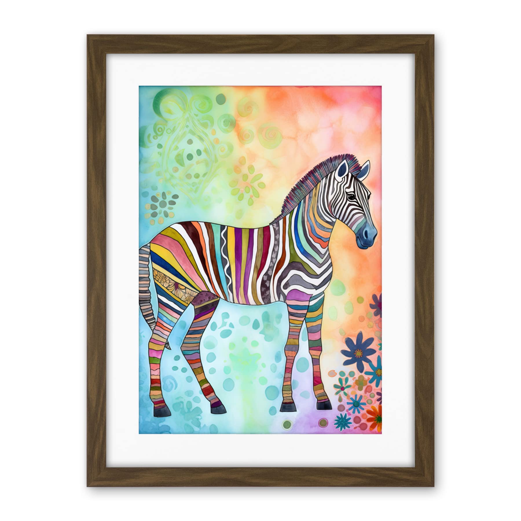 Artery8 Rainbow Floral Zebra Folk Art Artwork Framed Wall Art Print 18X24 Inch