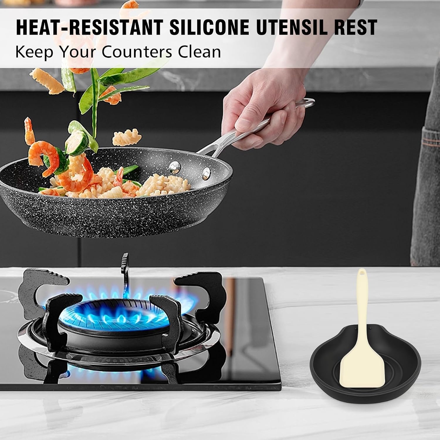 VanlonPro Silicone Spoon Rest for Stove Top - BPA-Free, Heat-Resistant Spoon Holder - Spoon Rest for Kitchen Counter - Large Cooking Utensil Rest for Spoons, Spatulas, Ladles or Tongs - Black image 4