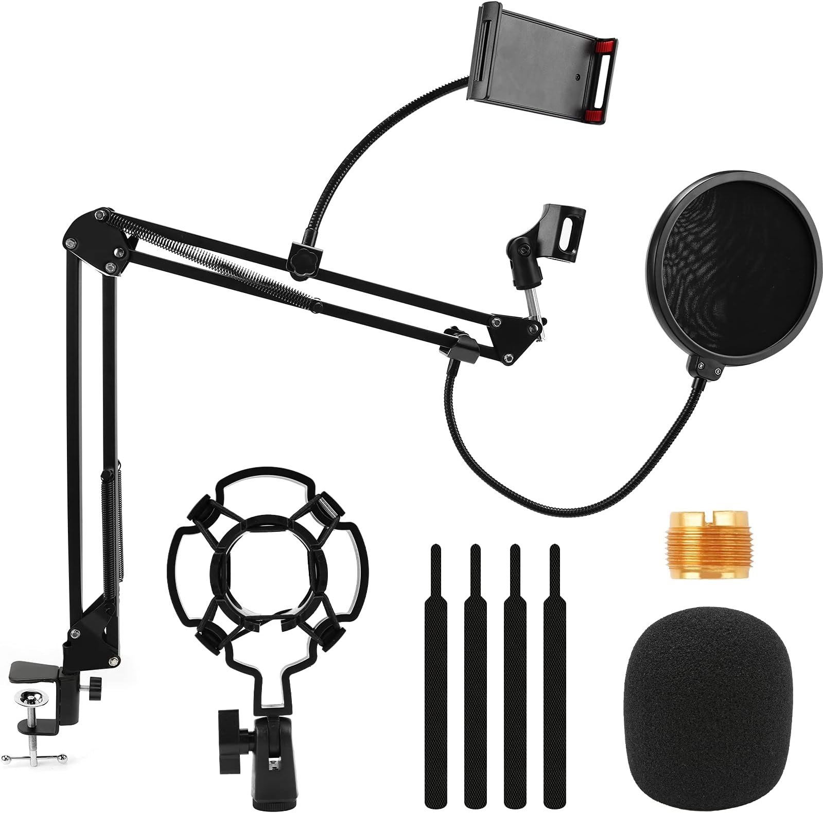AccLoo Microphone Stand, Adjustable Suspension Boom Scissor Mic Stand for Recording Equipment with Shock Mount, Mic Clip Holder, Pop Filter, 3/8'' to 5/8'' Adapter, Table Clamp, Mic Cap, Cable Ties