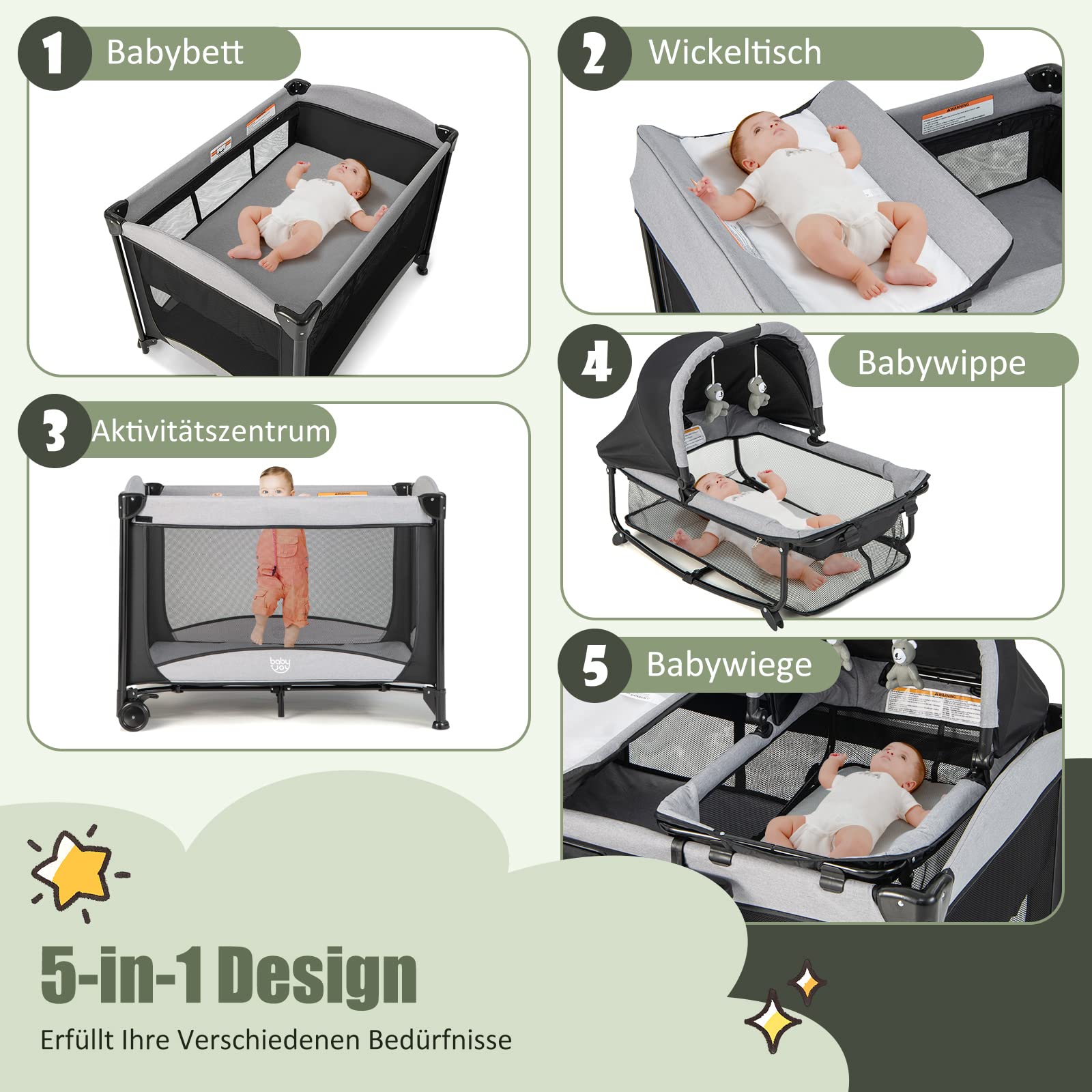 DREAMADE Reisebett Baby mit Matratze, Beistellbett mit Wiege & Wickelauflage, Babybett Set für Neugeborene & Baby bis 36 Monate,110 x 78 cm