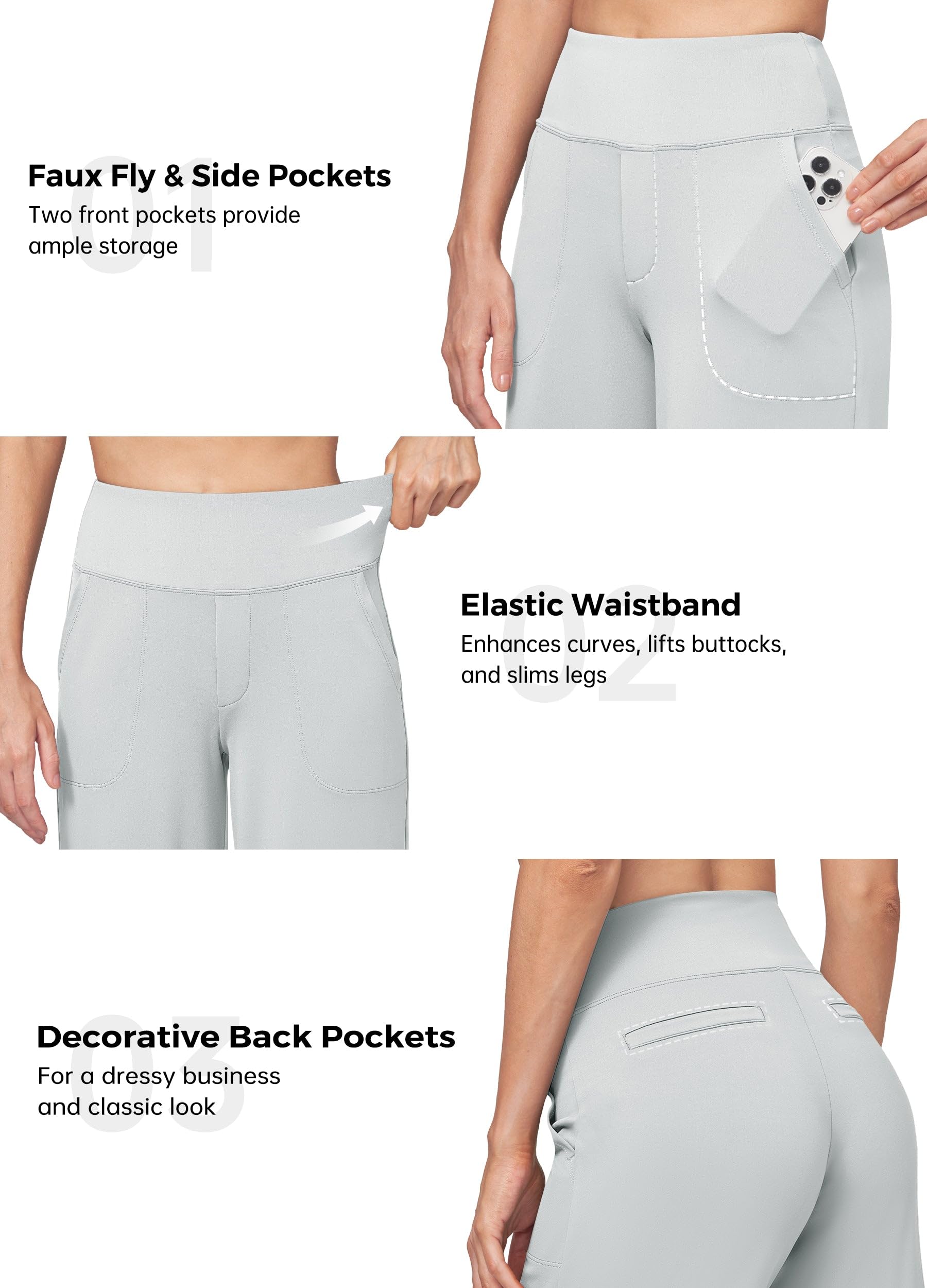 Willit Pantalones de yoga para mujer, de pierna ancha, pantalones de trabajo, elásticos, casuales, pantalones con bolsillos, cintura alta, 71 cm, 76 cm, 81 cm