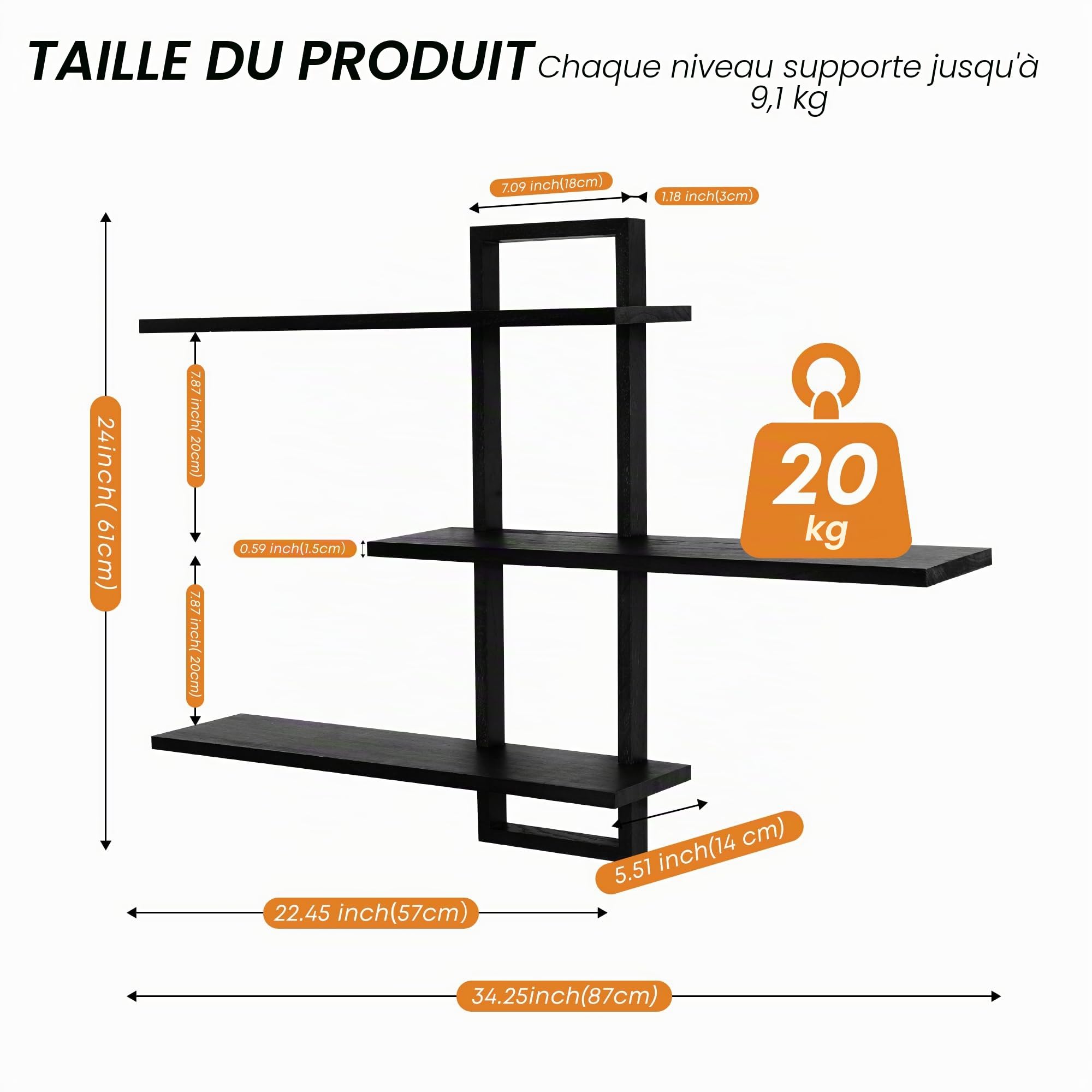 ÉTagèRe Murale Flottante à 3 Niveaux - Cadre en ChêNe - ÉTagèRe De Rangement CarréE Rustique pour Salon, Chambre à Coucher - Noir
