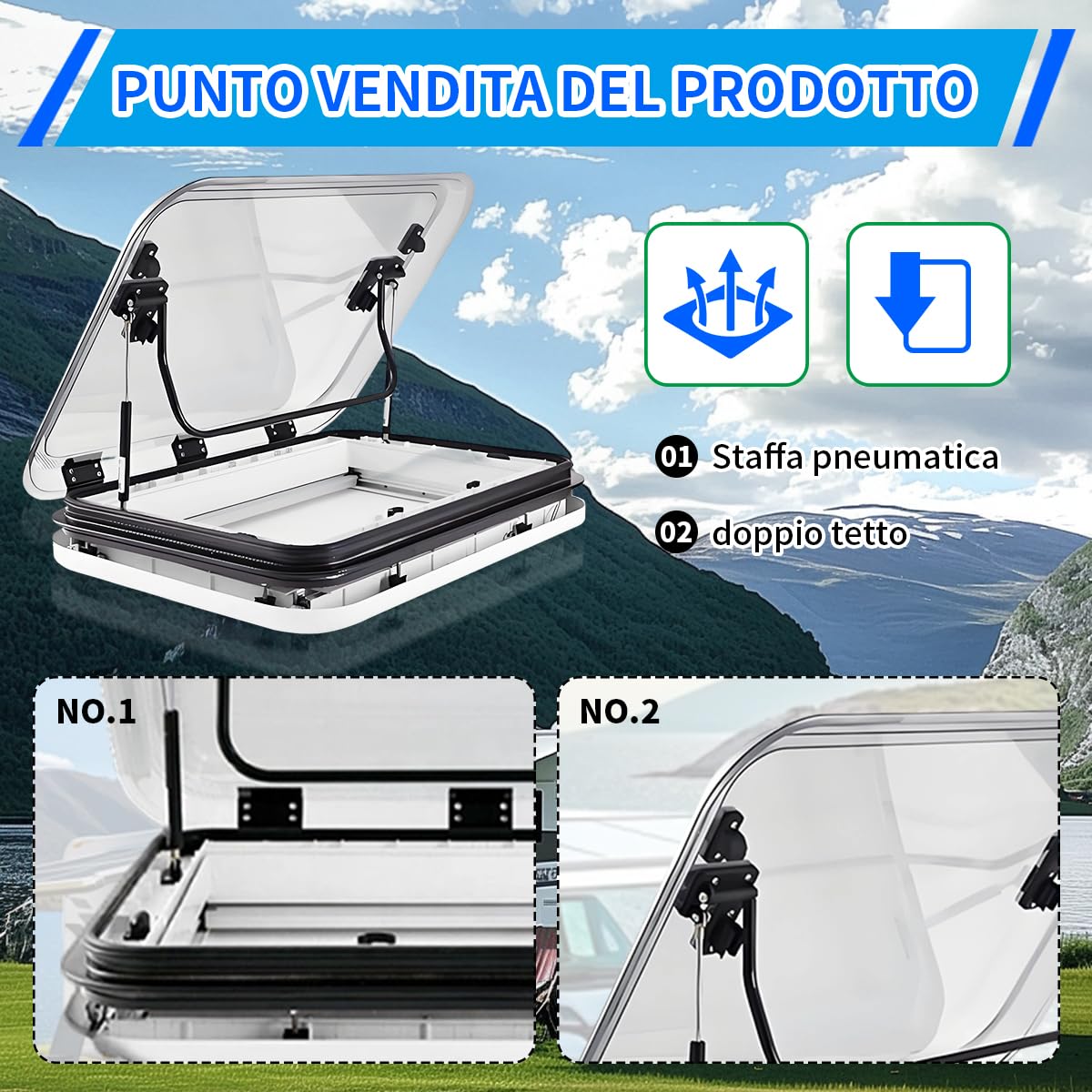 Oblò Tetto Camper Apribile, Lucernario 800x500mm con Luce LED, Ventilazione, Zanzariera e Tendina, Lega Alluminio per Roulotte e Food Truck