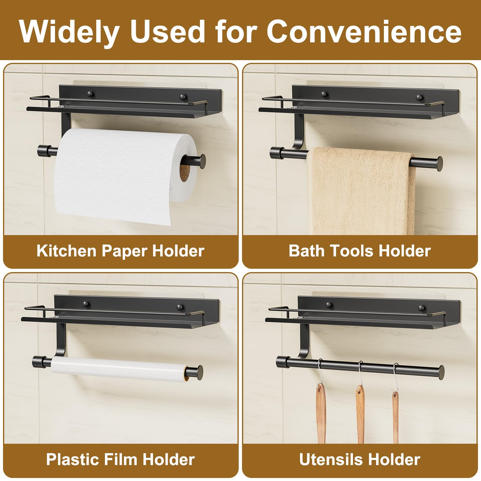 Toallero de mano para baño, soporte de pared autoadhesivo para toallas de papel, soporte de pared para cocina, ideal para caravana, color negro mate 7