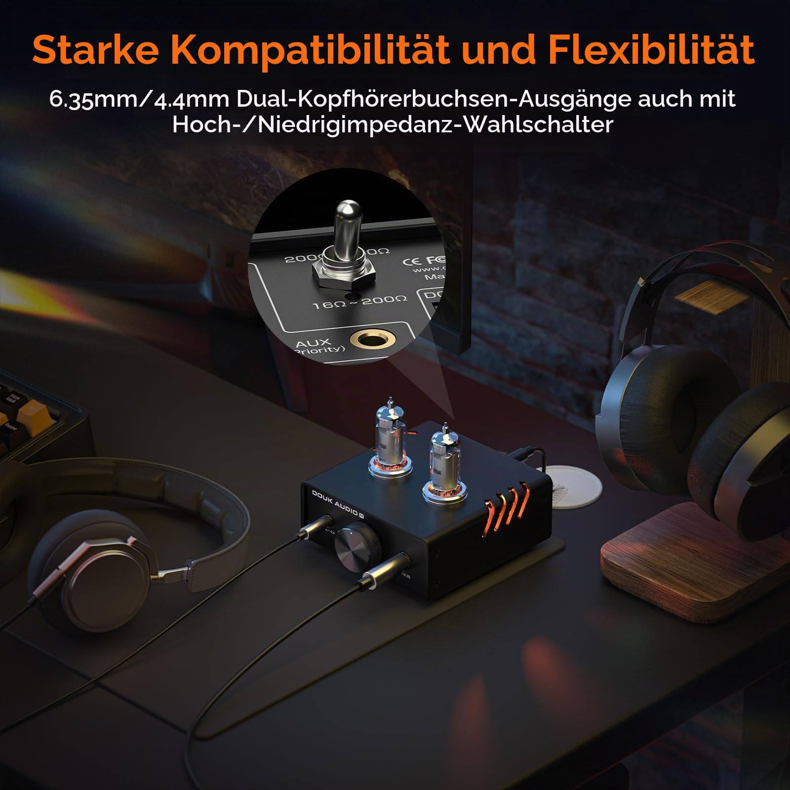 Douk Audio Mini Röhren Kopfhörerverstärker: Desktop Stereo HiFi-Vorverstärker mit 4,4/6,35-mm Buchse, Unterstützt 16-600 Ohm Impedanz (Aluminiumlegierung)