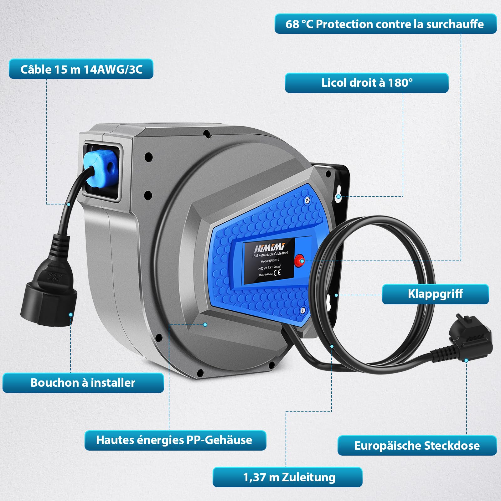 Himimi Enrouleur de câble d'extension rétractable automatique 15 m + 1 m, 1 500 W ~ 3 000 W, robuste, étanche, pour usage extérieur/intérieur, montage mural/plafond, pivotant à 180°