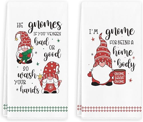 Toallas de mano navideñas de gnomo, paquete de 2 divertidas toallas de cocina navideñas, colección de Navidad, regalo de gnomo, toallas de baño de