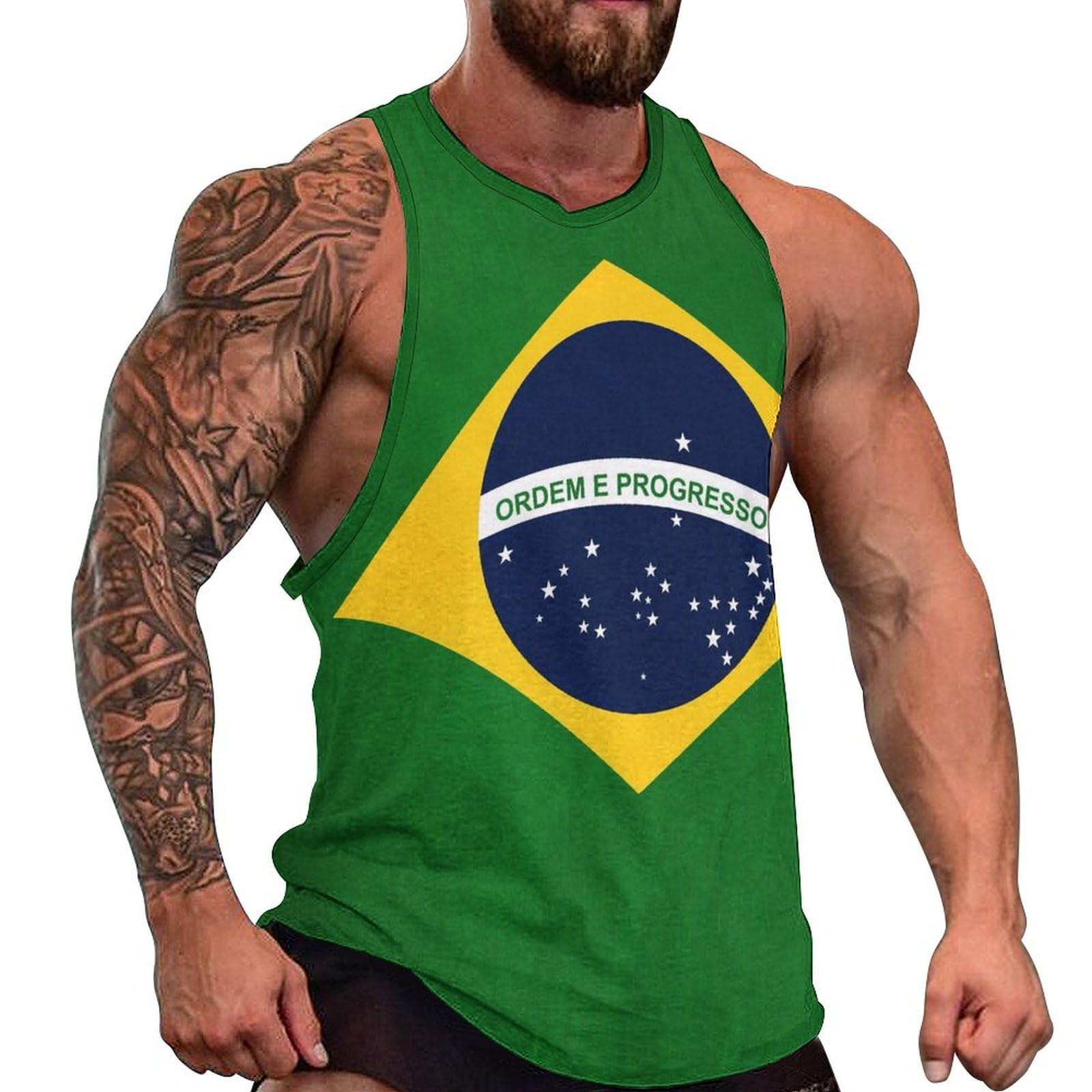 Peiyeety Men's As Pic Brazil Flag Tank Tops Summer Vest Sleeveless Graphic T-Shirt Beach Gym Shirts