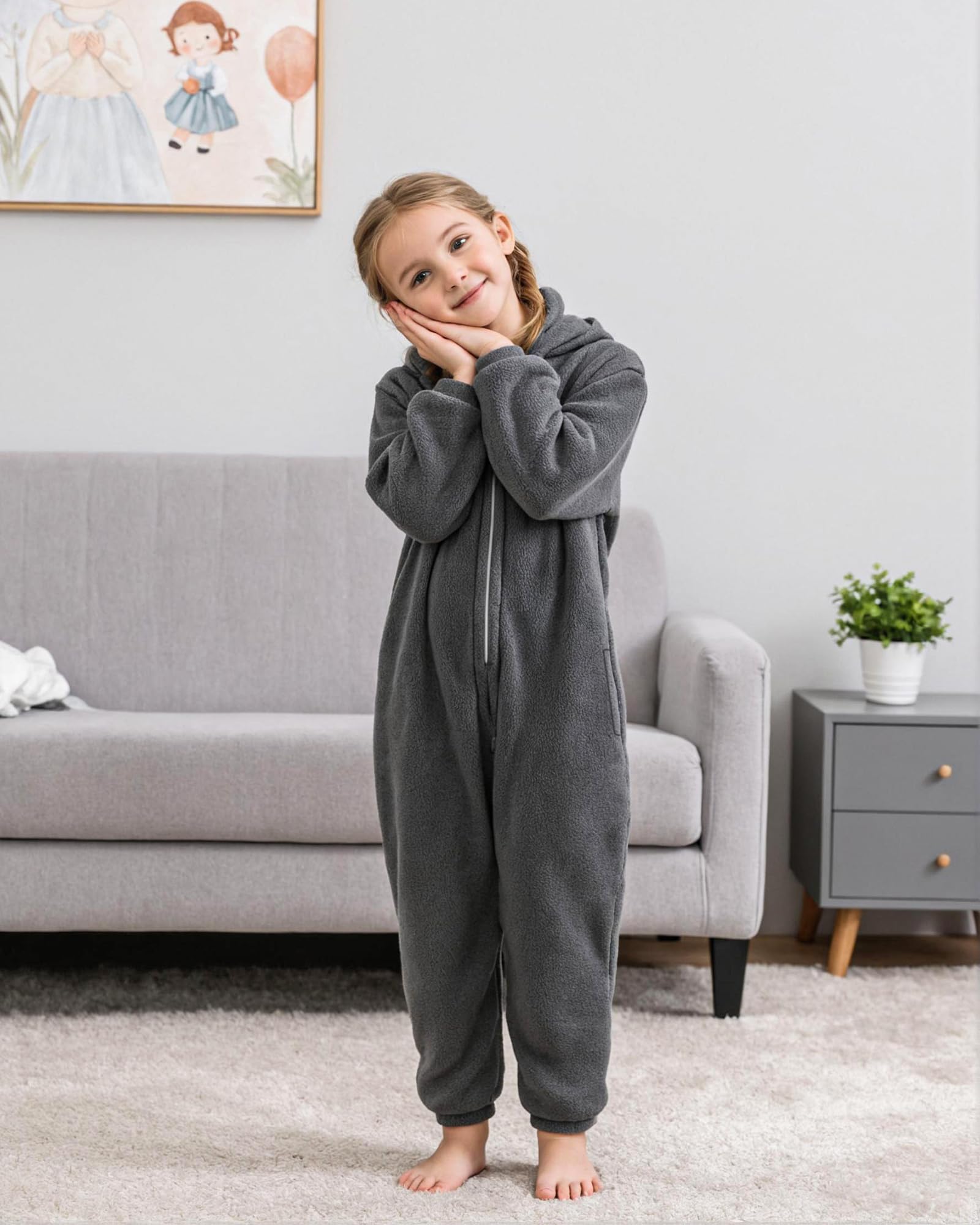 KAKU NANU Combinaison Enfants Unisexe Couleur Unie 3-12 Ans Combinaison à Capuche en Polaire Douce,Duveteuse et Chaude avec Fermeture Éclair et Pochons pour Garçons et Filles 6 Couleurs