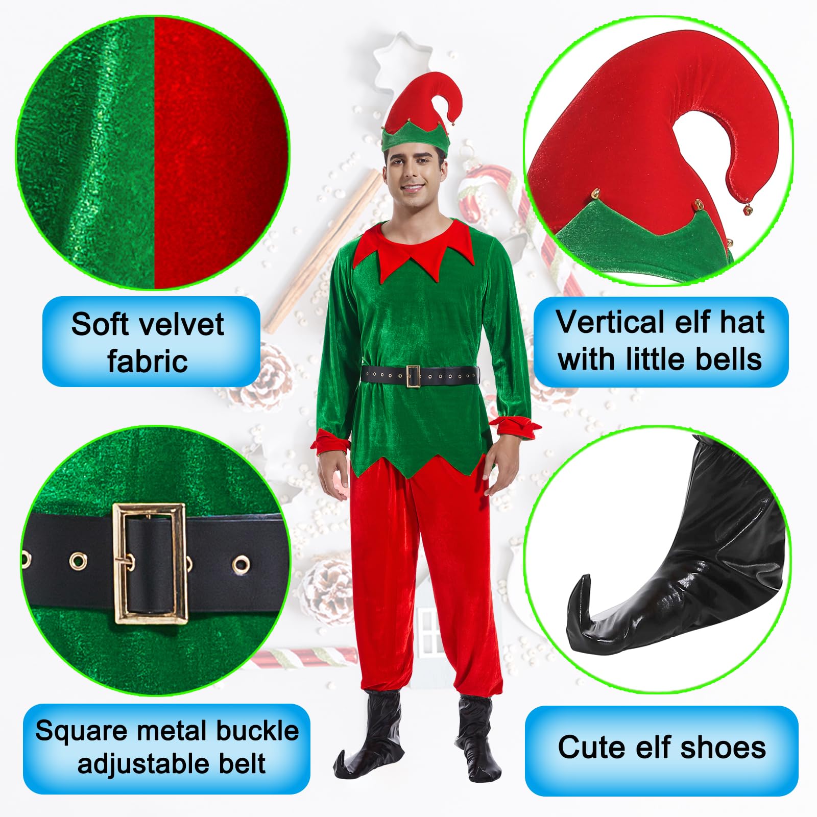 JESOHO Costume d'elfe unisexe pour adulte, déguisement de Noël, haut vert, pantalon rouge, ceinture, chapeau, couvre-chaussures. (Taille : S, M, L, XL, XXL)