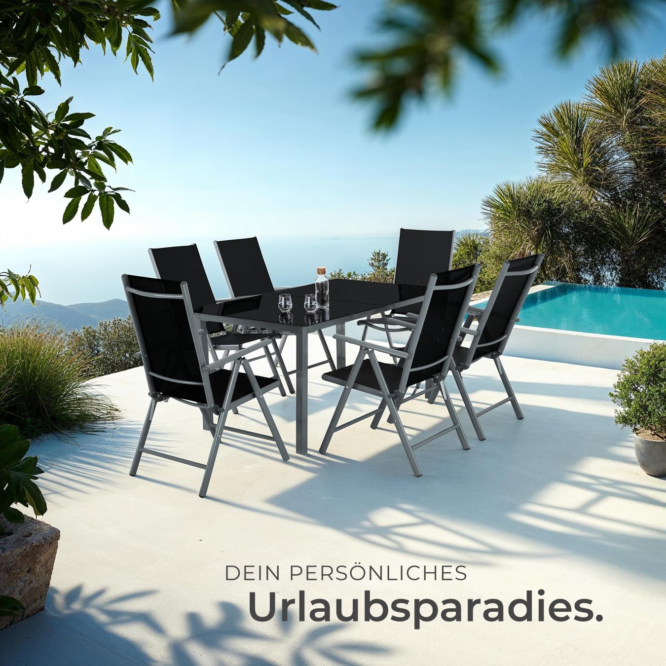 tectake® Sitzgarnitur Aluminium Klappstühle, Lounge Set mit 6X Stühle und 1x Glastisch Esstisch, Gartenmöbel Set wetterfest für den Balkon, Gartenstühle, Terrassenmöbel, Liegestuhl - anthrazit