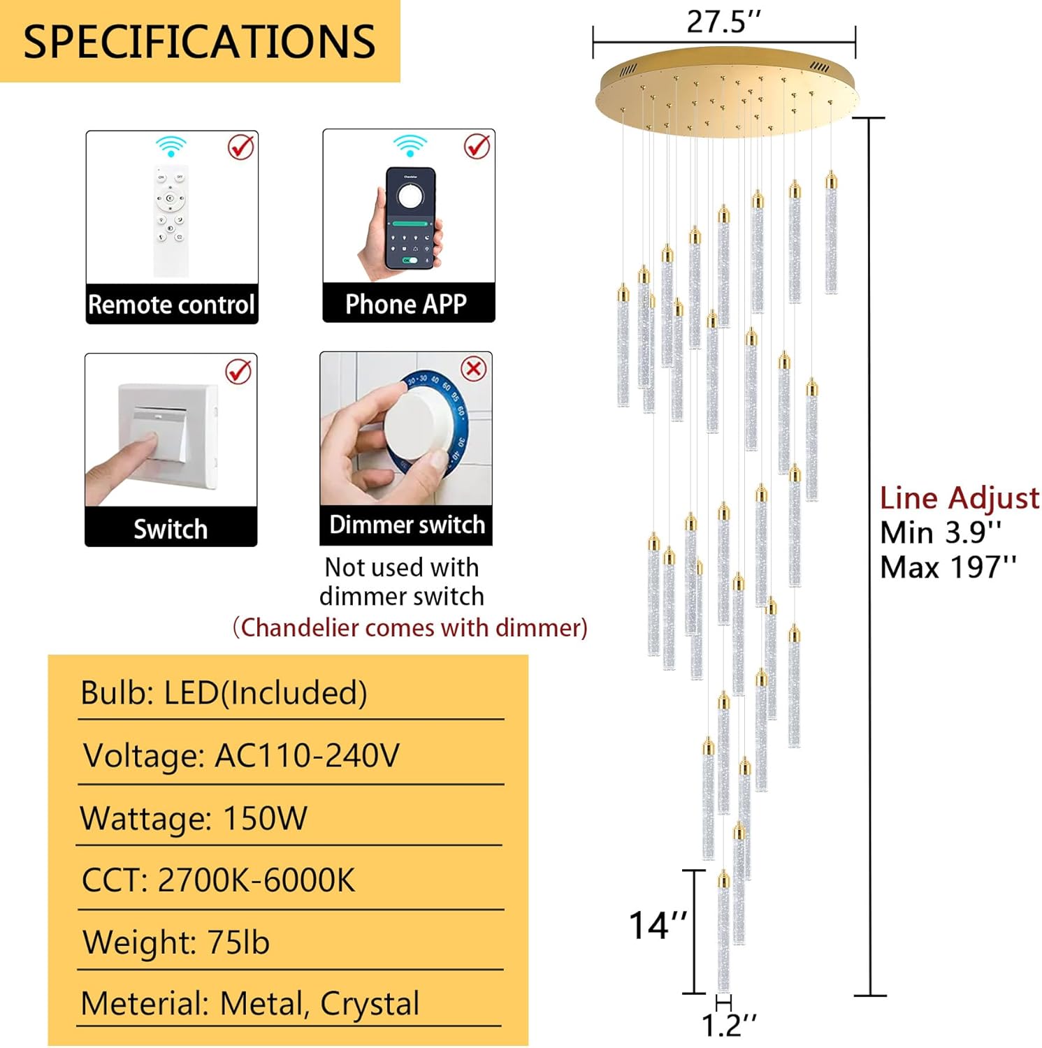 Modern 30-Light LED Chandelier for Living Room, Dining Room & Entryway - Dimmable Spiral Crystal Gold Hanging Light Fixture