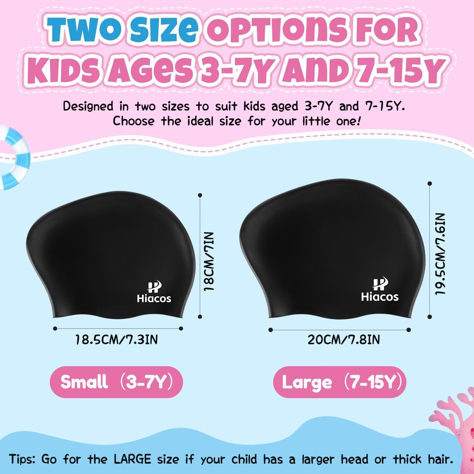 Paquete de 2 gorros de natación para niñas y niños, gorro de natación de silicona de 2 tamaños para niños y adolescentes, sombreros de natación impermeables para cabello largo para mantener el cabello