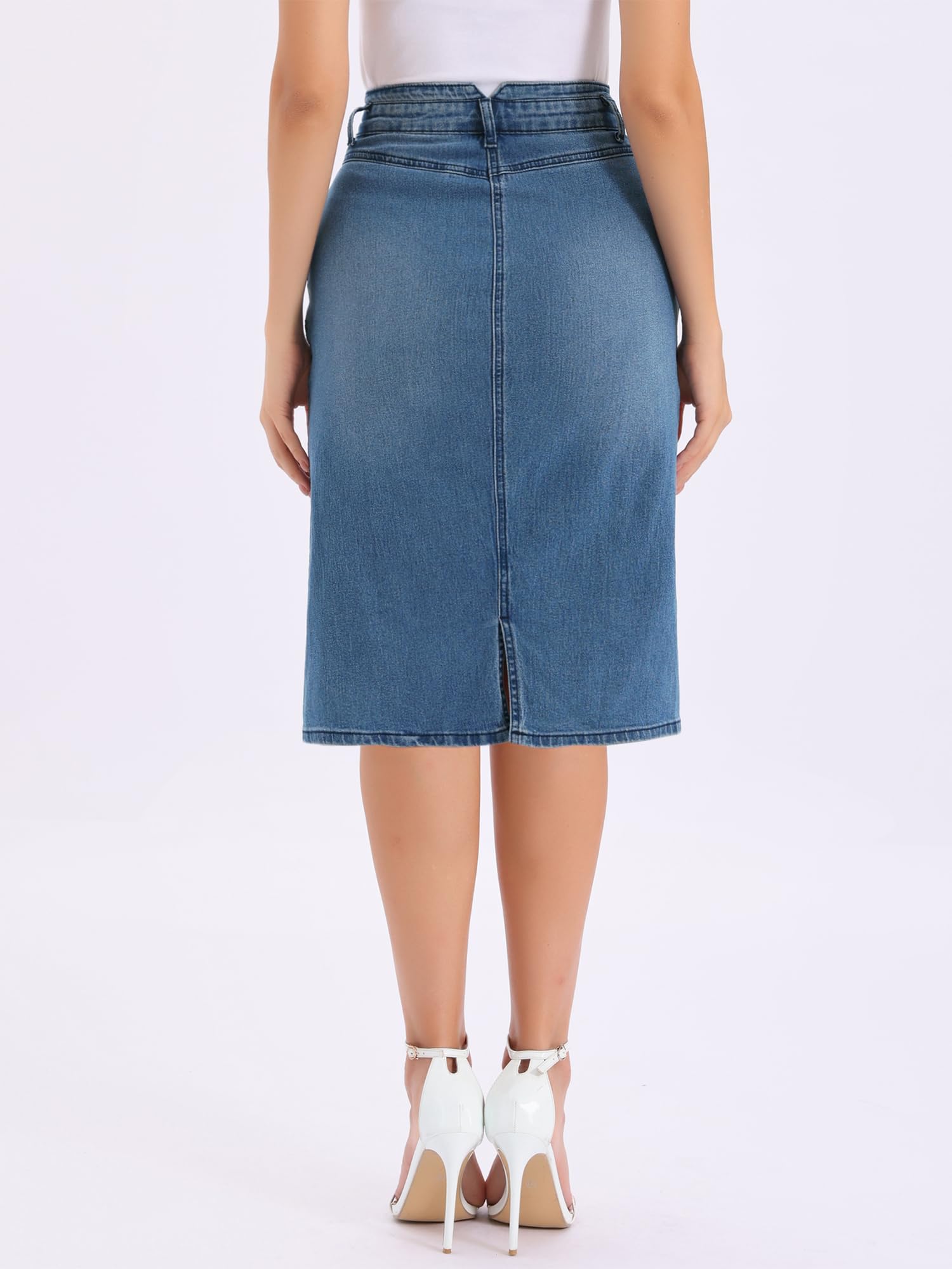 Allegra K Jeansrock für Damen Stretch Kniebedeckt Denimrock | Hohe Taille mit Hintenem Schlitz 2 Taschen Vielseitig für Lässigen Alltag Klassisches Styling