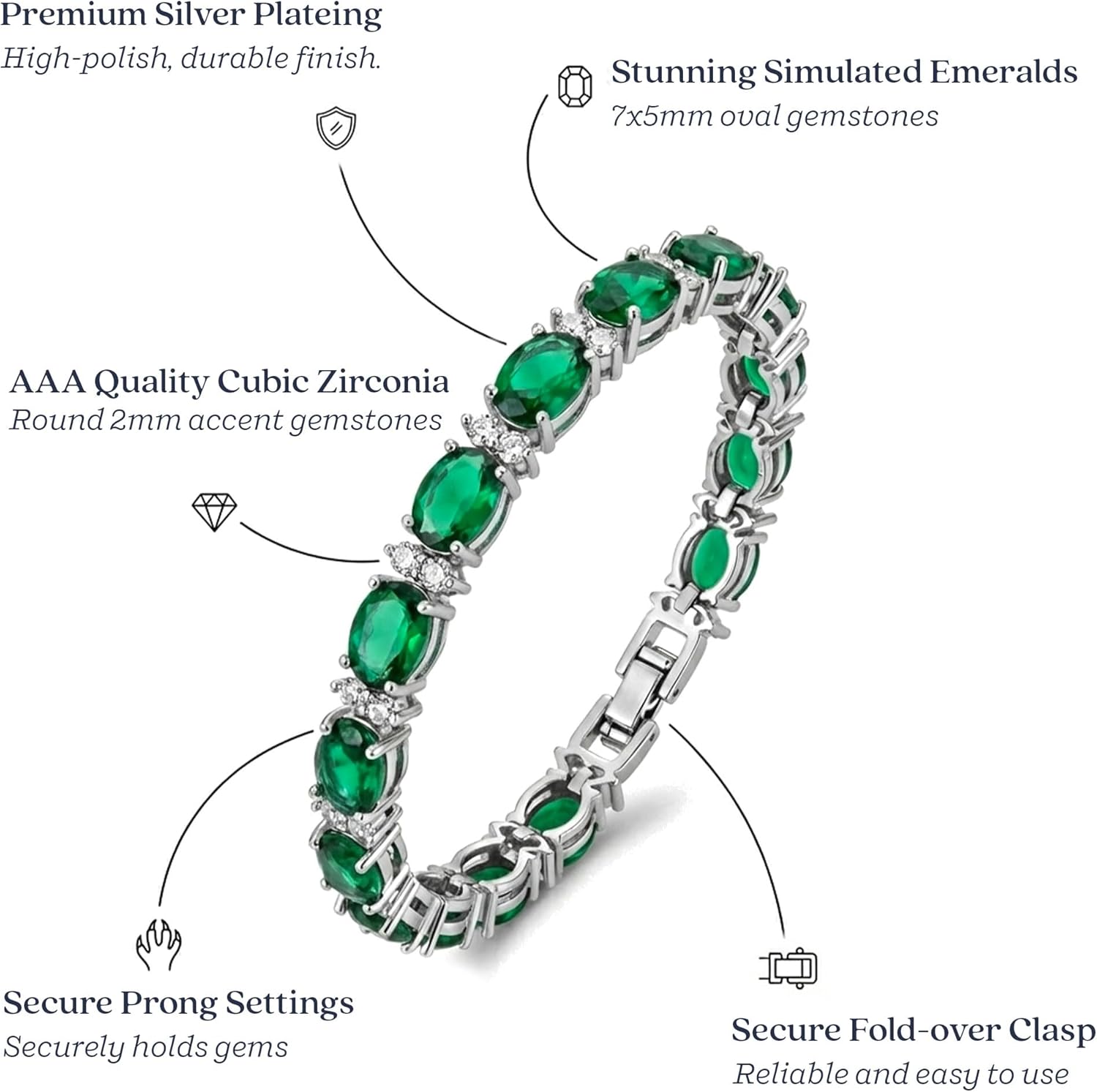 KEZEF Tennis Bracelets For Women - Cubic Zirconia - Oval 7x5mm Gemstones - Round 2.50mm White CZ - Silver Plated Brass - 7 Inch - Multiple Colors Hypoallergenic Bracelets - Image 4