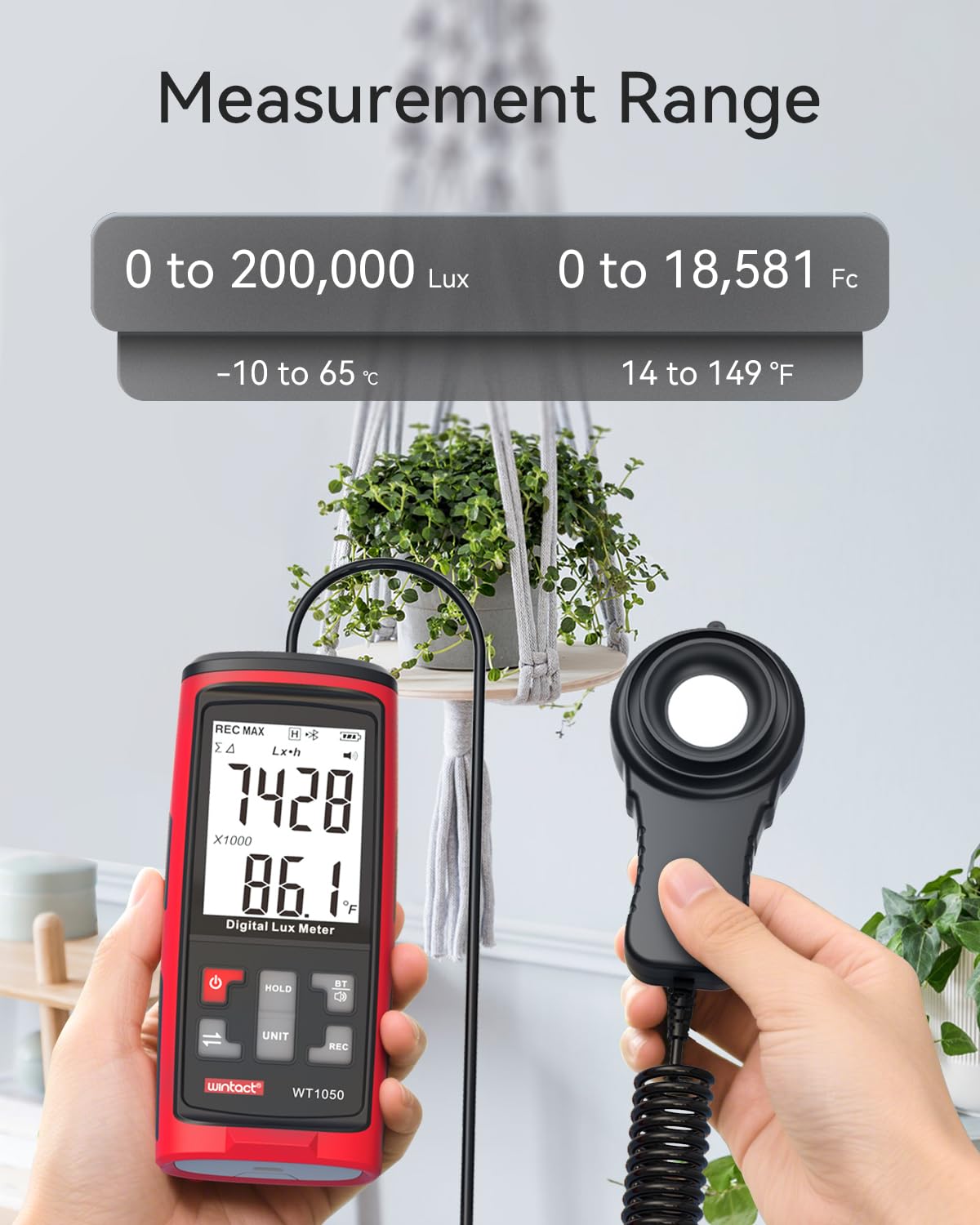 Wintact Medidor de luz recargable con Blutooth WT1050, indicador de iluminación digital, rango de velas de lux/pie de mano de hasta 200,000 lux para plantas interiores y exteriores, hogar, oficina