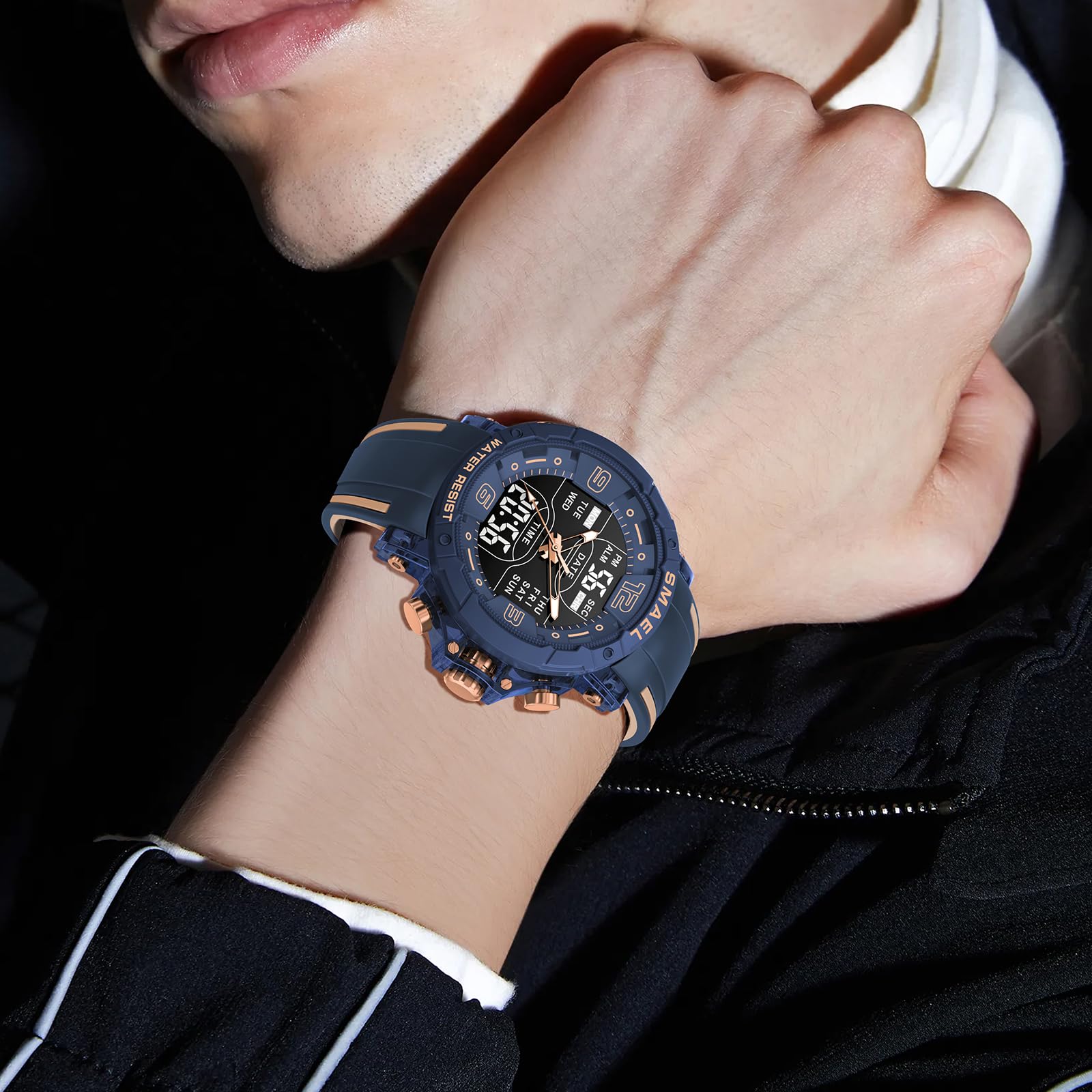 Gosasa Montre de sport analogique et numérique pour homme avec rétroéclairage LED, chronomètre, alarme, calendrier, heure 12/24 h, étanche jusqu'à 50 m, bracelet en silicone