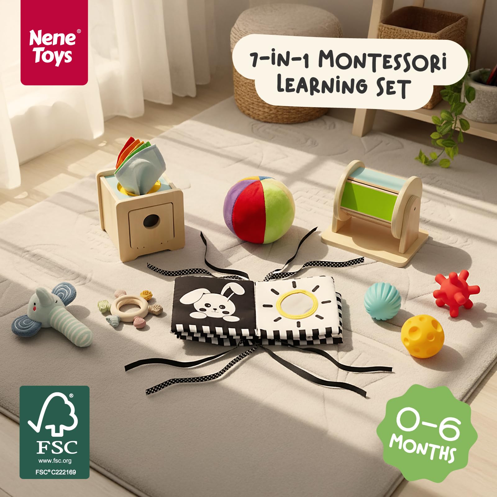 Nene Toys Montessori 0–6 Mies. – 7-w-1 Sensoryczny Zestaw dla Niemowląt z Książeczką Kontrastową, Bębenkiem, Chusteczkami, Piłkami, Gryzakiem i Grzechotką – Prezent dla Noworodka
