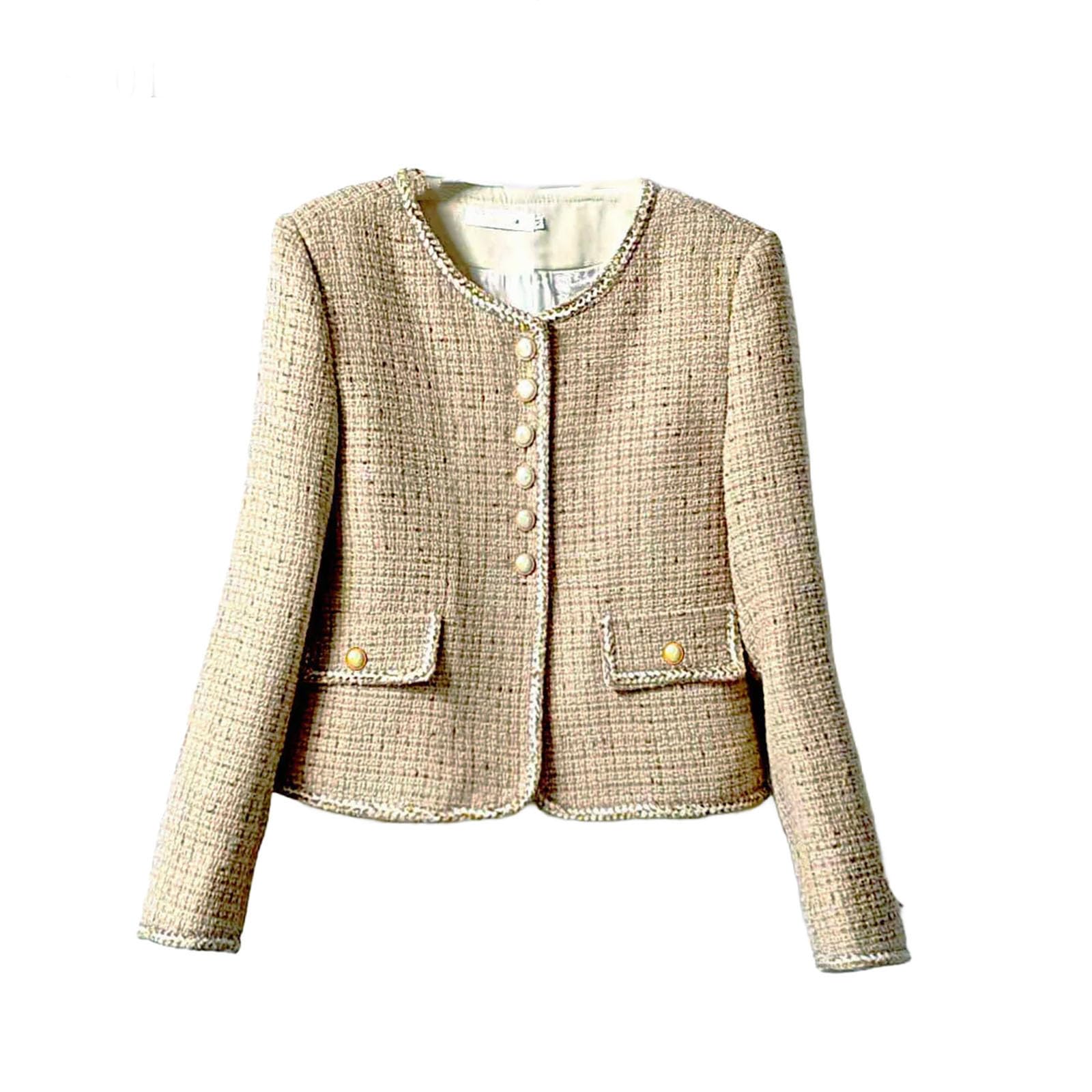 Womens Korean Style Jacket Small Fragrance Tweed Woolen Suit Winter O-Neck Short Blazers