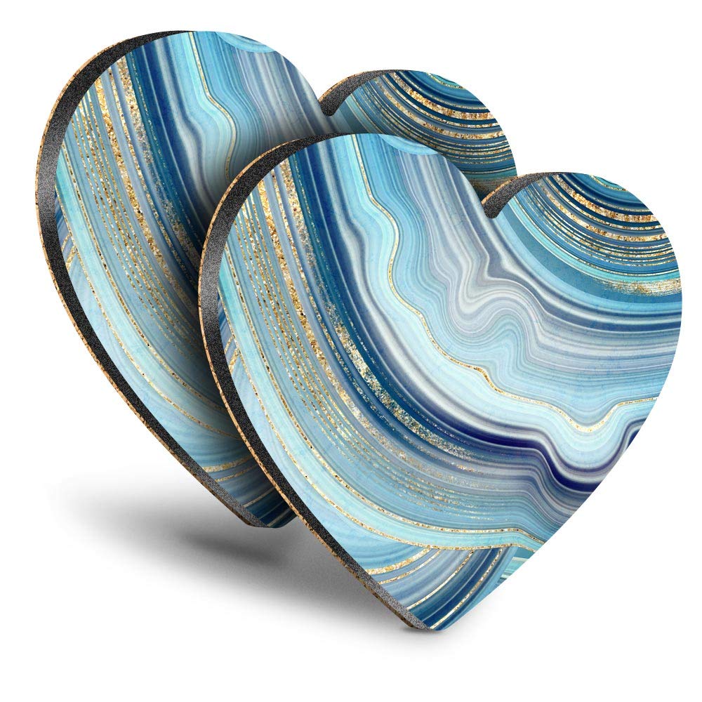 Destination Vinyl Ltd Multicolor Great Coasters (Set Of 2) Heart - Blue Gold Agate Effect Art Marble Drink Glossy Coasters/Tabletop Protection For Any Table Type #21118