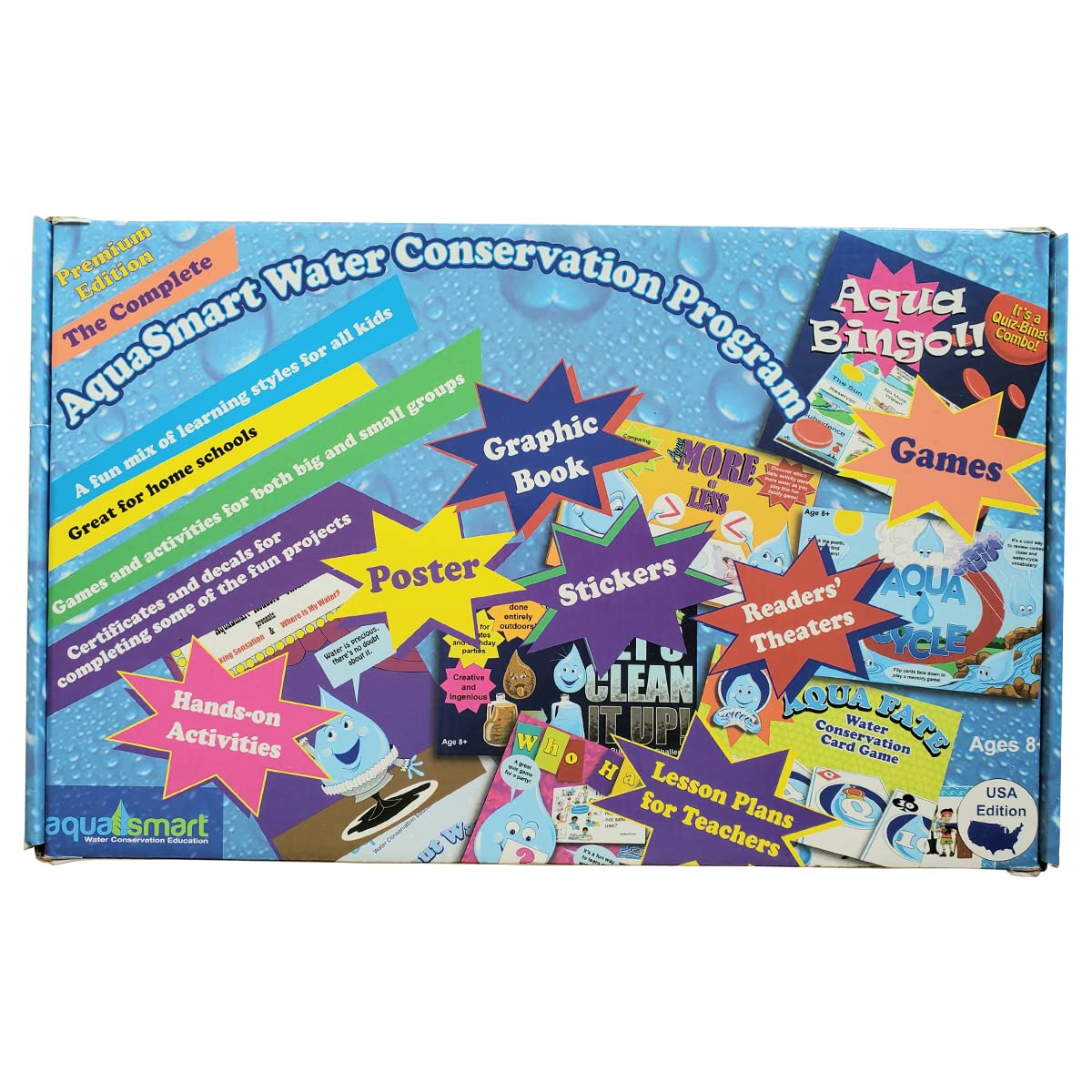 AquaSmartConserve Planet STEAM-Based Water Conservation Learning - Premium Program - Graphic Book, 5 Boxed Games, 3 Activities, Reader's Theater, Math, Poster, USA Edition, Ages 8-12 CP1003
