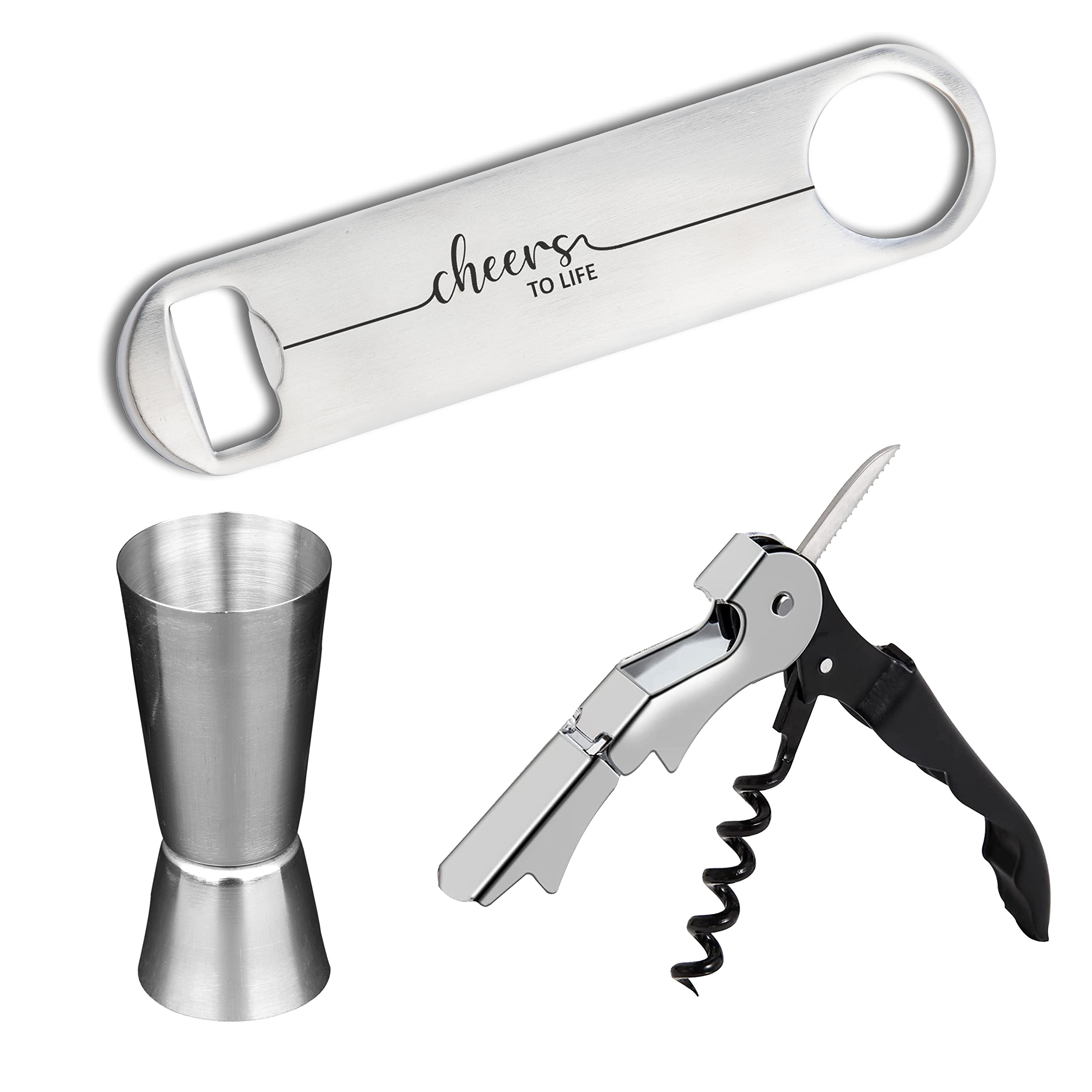 AXIOM Stainless Steel Bar Combo 3 pc Set. Wine Opener, Peg Measurer & Bottle Opener. Waiters Corkscrew, Beer Opener, 30/60 ML Peg Measurer for Bartenders with Wine Key Foil Cutter