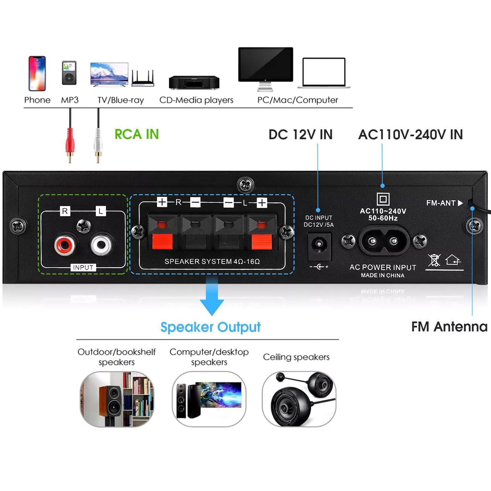 Scheda Amplificatore Digitale, Scheda Audio Amplificatore di Potenza, Manopola Volume/Controllo Alti-Bassi, Ingressi Audio Multipli, con Bluetooth, per Auto/Marina,A