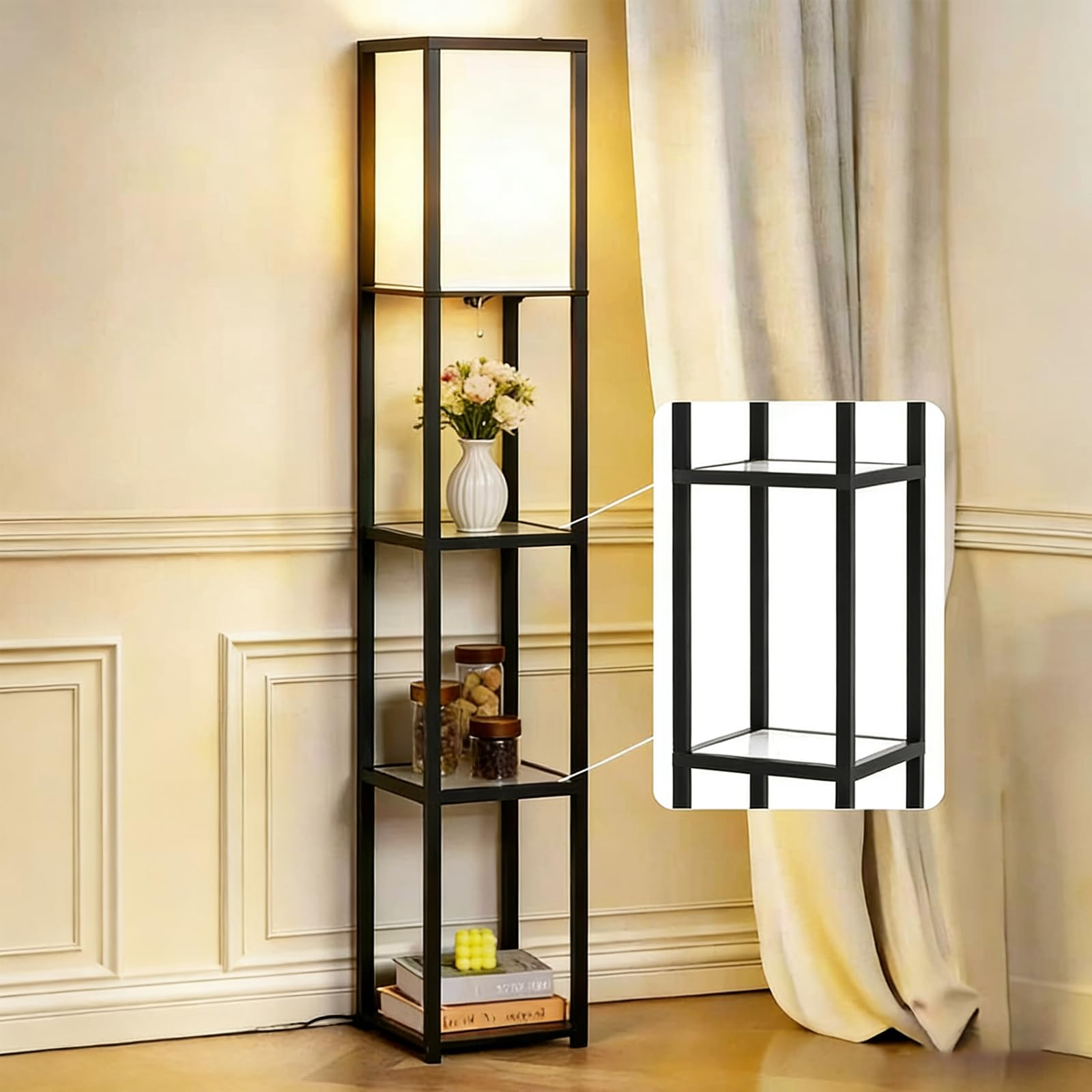 Floor Lamp with Shelves Modern Square Standing Lamp with Glass Shelves Corner Display Shelf with Light Tall Lamp